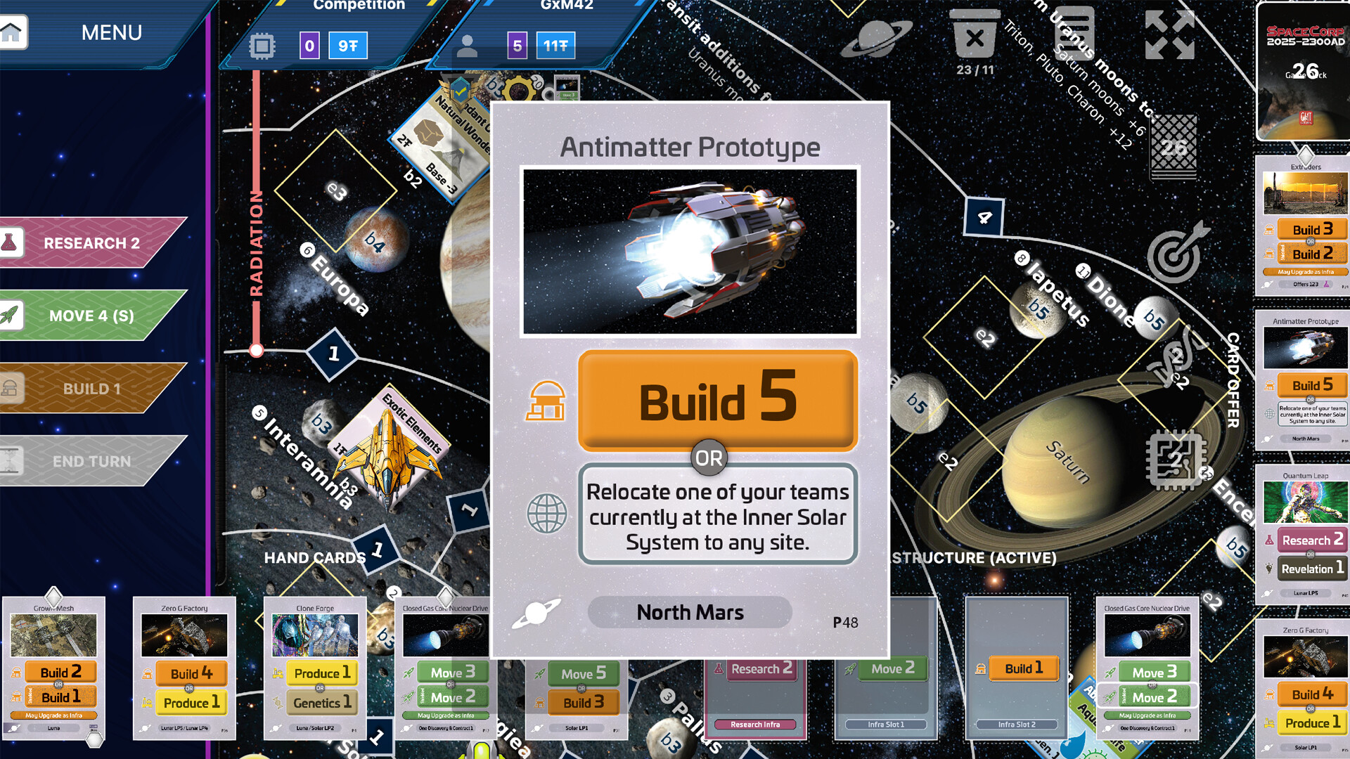 The image shows a digital board game interface set in a space-themed environment, depicting a map of the inner solar system with planets such as Europa, Saturn, and others labeled with their orbital positions. In the center is a pop-up card titled "Antimatter Prototype," featuring a futuristic spaceship emitting a bright blue glow from its engines, with options to either "Build 5" or relocate a team within the solar system. Surrounding the main card are various action buttons and resource cards along the edges, indicating options for research, movement, building, and producing, alongside a sidebar with additional cards and game information.