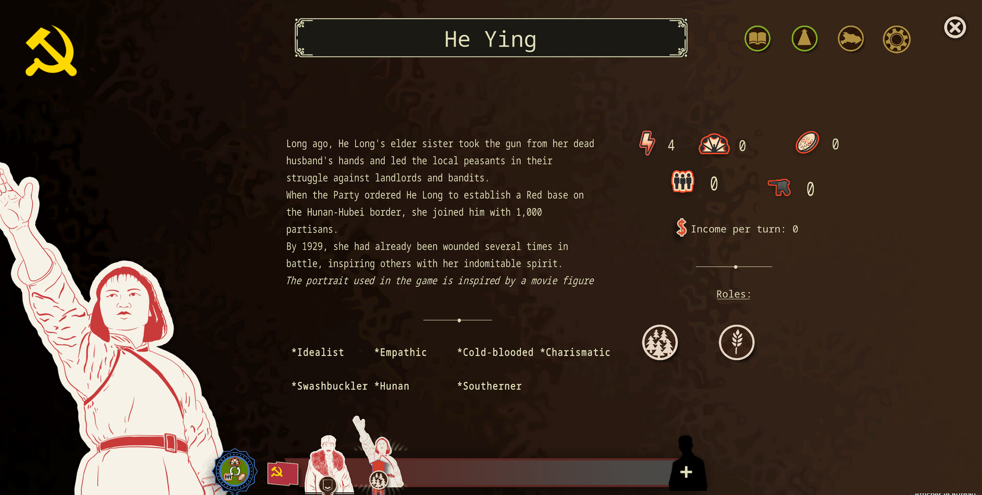 The image shows a character profile screen for 'He Ying' from a game, featuring a stylized illustration of a woman in revolutionary attire with one arm raised. The background is dark brown with a yellow hammer and sickle symbol in the top left corner, indicating a communist theme. Text on the right provides a historical narrative about He Ying's role in leading peasants against landlords and bandits, her involvement with partisans, and her reputation for resilience and leadership. Various icons and stats related to the character's abilities and roles are displayed, along with descriptive traits such as idealist, empathic, cold-blooded, charismatic, swashbuckler, Hunan, and southerner.