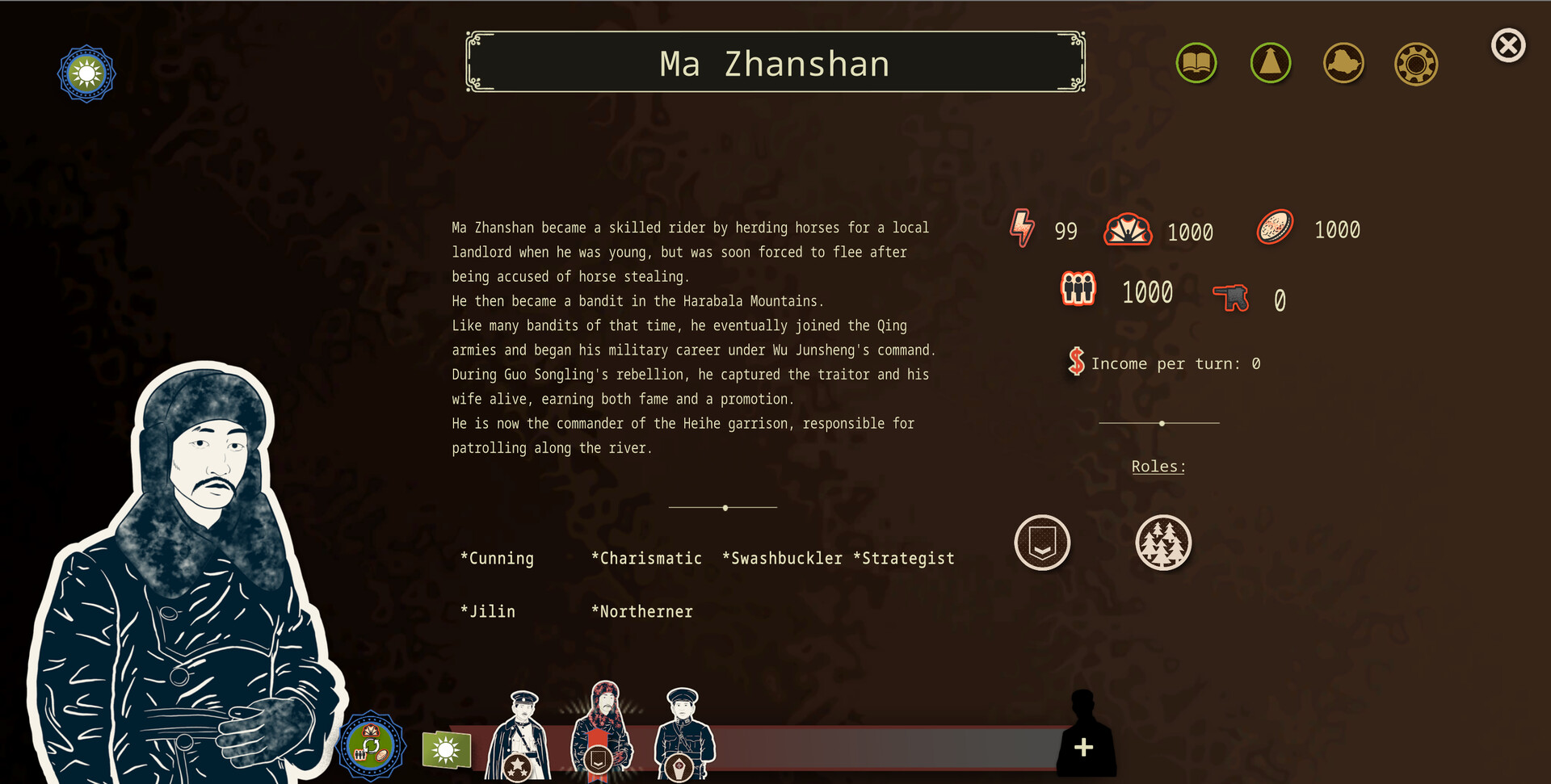 The image displays a character profile titled 'Ma Zhanshan' with a stylized illustration of a man dressed in a heavy coat and a fur hat, suggesting a cold environment. The profile text describes Ma Zhanshan's background as a skilled horse rider and former bandit who joined the Qing armies, gained fame during a rebellion, and became commander of the Heihe garrison. Various attributes and statistics are shown, including high values for energy, defense, food, and manpower, alongside roles and personality traits such as cunning, charismatic, swashbuckler, and strategist.