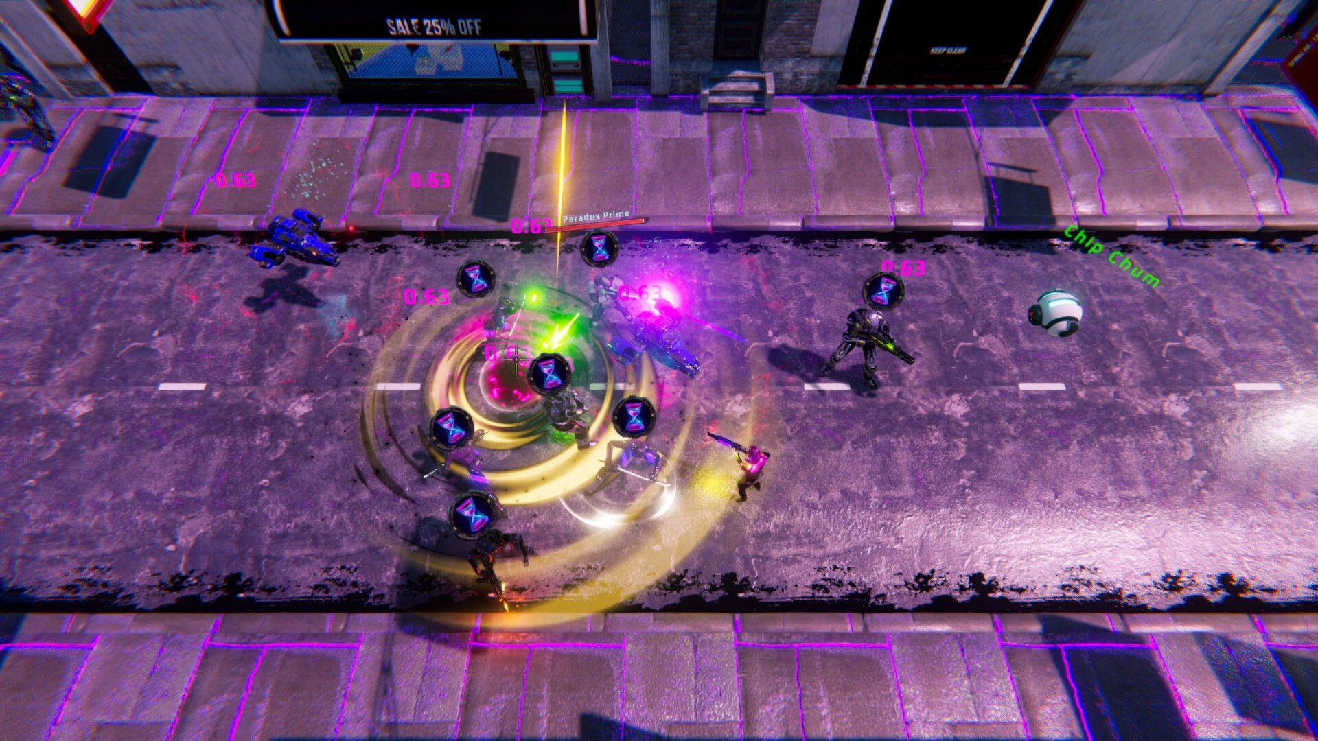 The image shows a top-down view of a futuristic street scene with several humanoid robots and a small spherical robot labeled "Chip Chum" engaged in combat or an action sequence. The street is marked with white lane lines and illuminated with purple neon-like lighting along the edges of the pavement. A central figure named "Paradox Prime" is surrounded by swirling yellow energy effects and pink hourglass icons with the number "0.63" above multiple characters, indicating some form of game mechanic or status effect. The environment includes a sidewalk with storefronts, including a visible sign advertising a "SALE 25% OFF."
