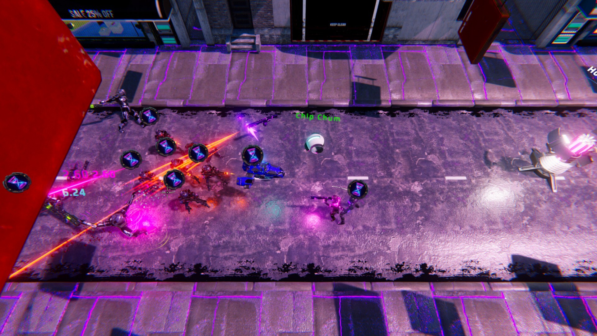 The image shows a top-down view of a futuristic street scene with a group of robot-like characters engaged in a battle. Bright neon purple and orange laser beams are being fired, illuminating the dark, worn pavement. Several circular icons with an hourglass symbol hover above the characters, and one floating spherical drone labeled "Chip Chum" is visible near the center. The surrounding sidewalk has a glowing purple outline, and a sign reads "SALE 25% OFF" in the upper left corner.