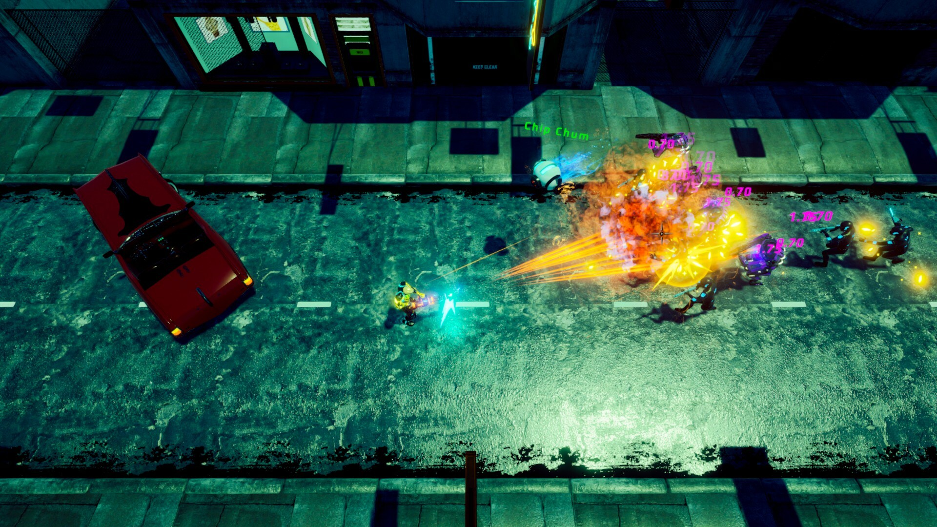 The image shows a top-down view of a street scene in a video game with a futuristic or sci-fi style. A character wearing yellow armor is shooting a bright blue energy weapon towards a group of dark-clad enemies on the right side of the street, causing a large explosion with bright orange and yellow flames. Pink numbers and purple damage indicators hover over the enemies, suggesting ongoing combat damage. A red car is parked on the left side of the street near the curb, and the sidewalk and buildings are dimly lit, with some neon lighting visible above a doorway. A small floating drone labeled "Chip Chum" hovers near the sidewalk close to the explosion.