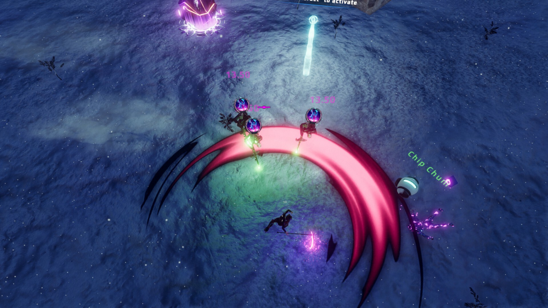 The image shows a top-down view of a nighttime or dark environment with a textured, rocky ground surface illuminated by various colorful light effects. In the center, there is a figure wielding a glowing purple weapon, seemingly in an action pose, surrounded by a large, curved, red energy arc. Three robotic or armored enemies with blue helmets and guns are positioned above the figure, with pink damage numbers ("13.50") floating above their heads. To the right, a small spherical robot labeled "Chip Chum" emits purple sparks, suggesting activity or combat interaction. The overall scene appears to be from a futuristic video game battle sequence.