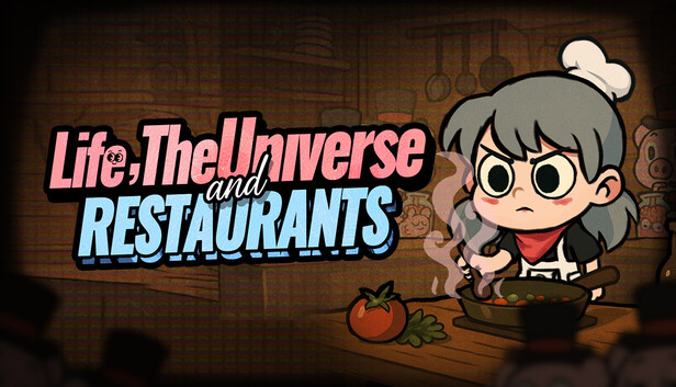 Official Life, the Universe, and Restaurants Steam capsule: a gray-haired chef girl in a white toque and red neckerchief glaring at a steaming pan of vegetables beside a tomato (GARRY / Gamersky Games)