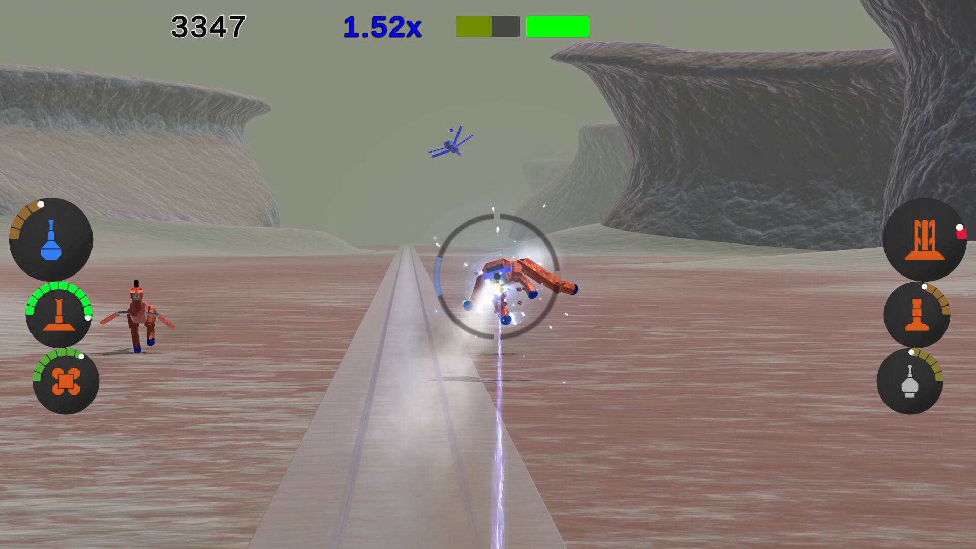 The image shows a first-person shooter video game set in a barren, rocky landscape with large cliff formations on either side of a narrow pathway. A robotic or mechanical figure is being targeted in the center of the screen, highlighted by a circular aiming reticle, while an energy beam or laser is connecting the player to the target, creating sparks and light effects. The game interface displays various circular icons with meters and symbols on both sides of the screen, as well as numerical values and a zoom multiplier at the top center.