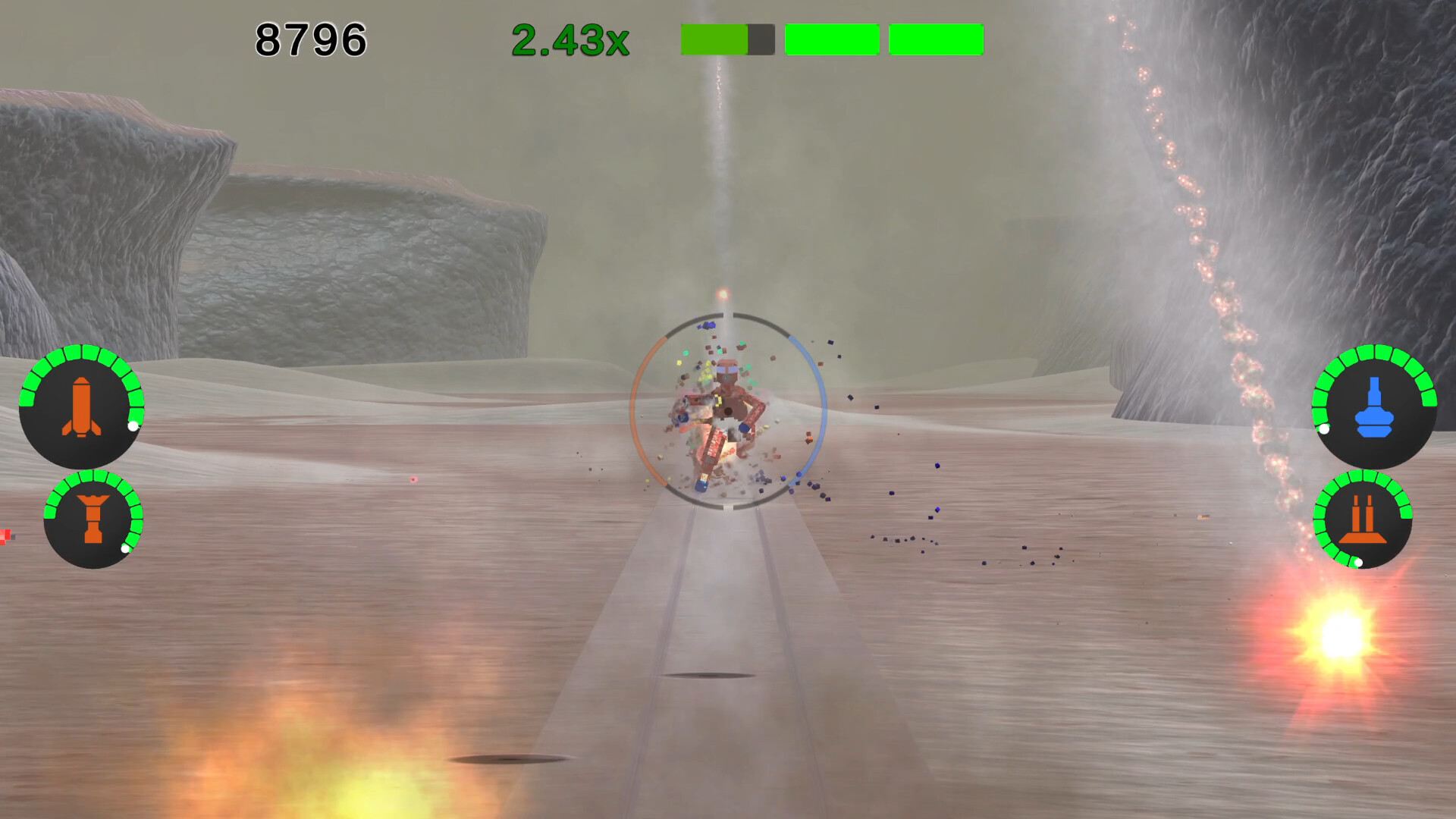 The image shows a scene from a video game featuring a barren, rocky landscape with large rock formations in the background under a hazy sky. In the center of the screen, a target reticle is focused on a character or object that appears to be breaking apart into small colorful fragments. Various graphical user interface elements are visible, including a score of 8796 and a multiplier of 2.43x at the top, along with green progress bars and circular icons on the left and right sides displaying rocket and turret symbols with green status indicators. Explosions and projectile trails are visible in the foreground and to the right, suggesting an active combat or action sequence.