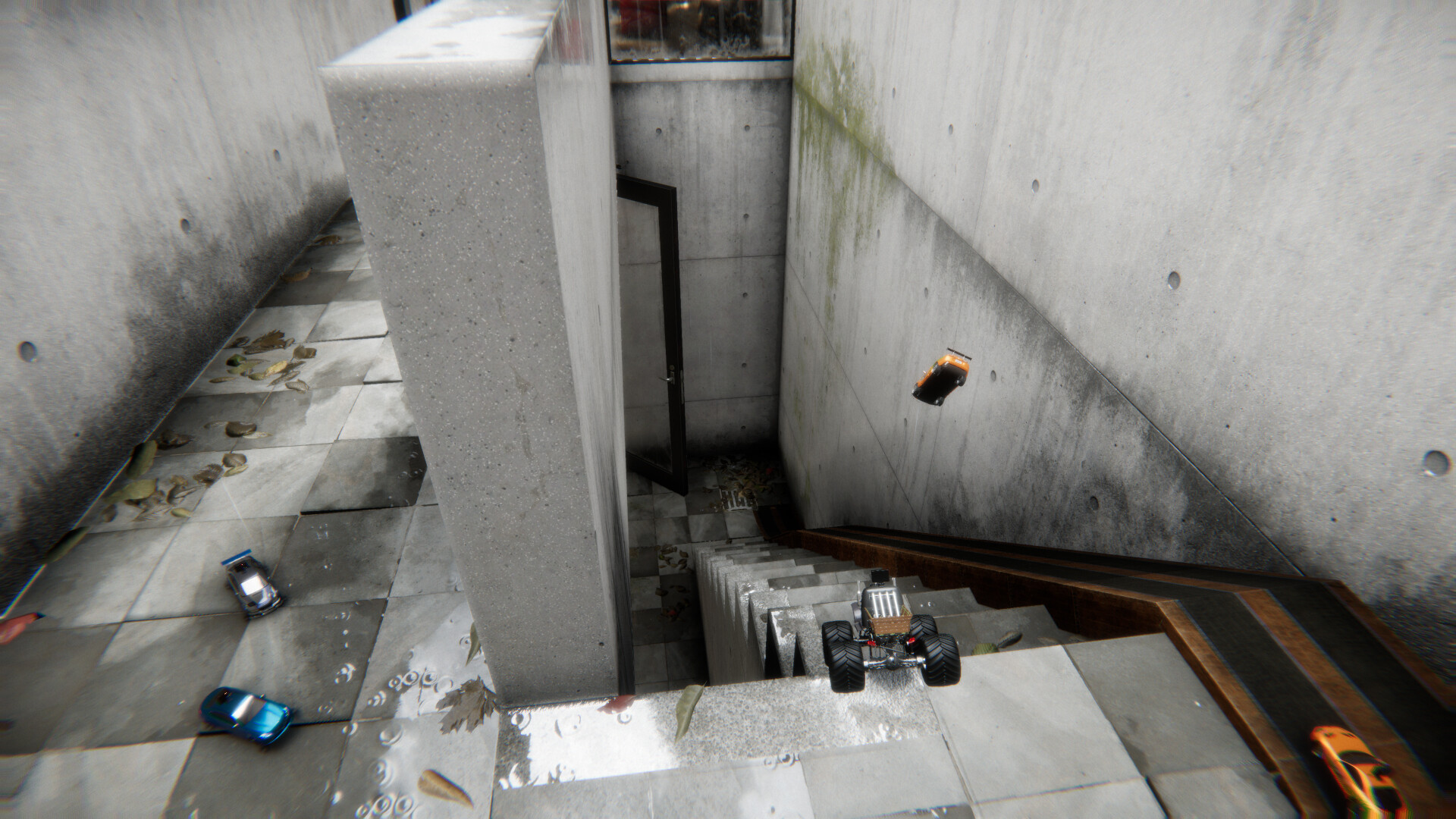 一輛遙控車在賽道上進行一個巨大的跳躍,背景是模糊的室內環境。