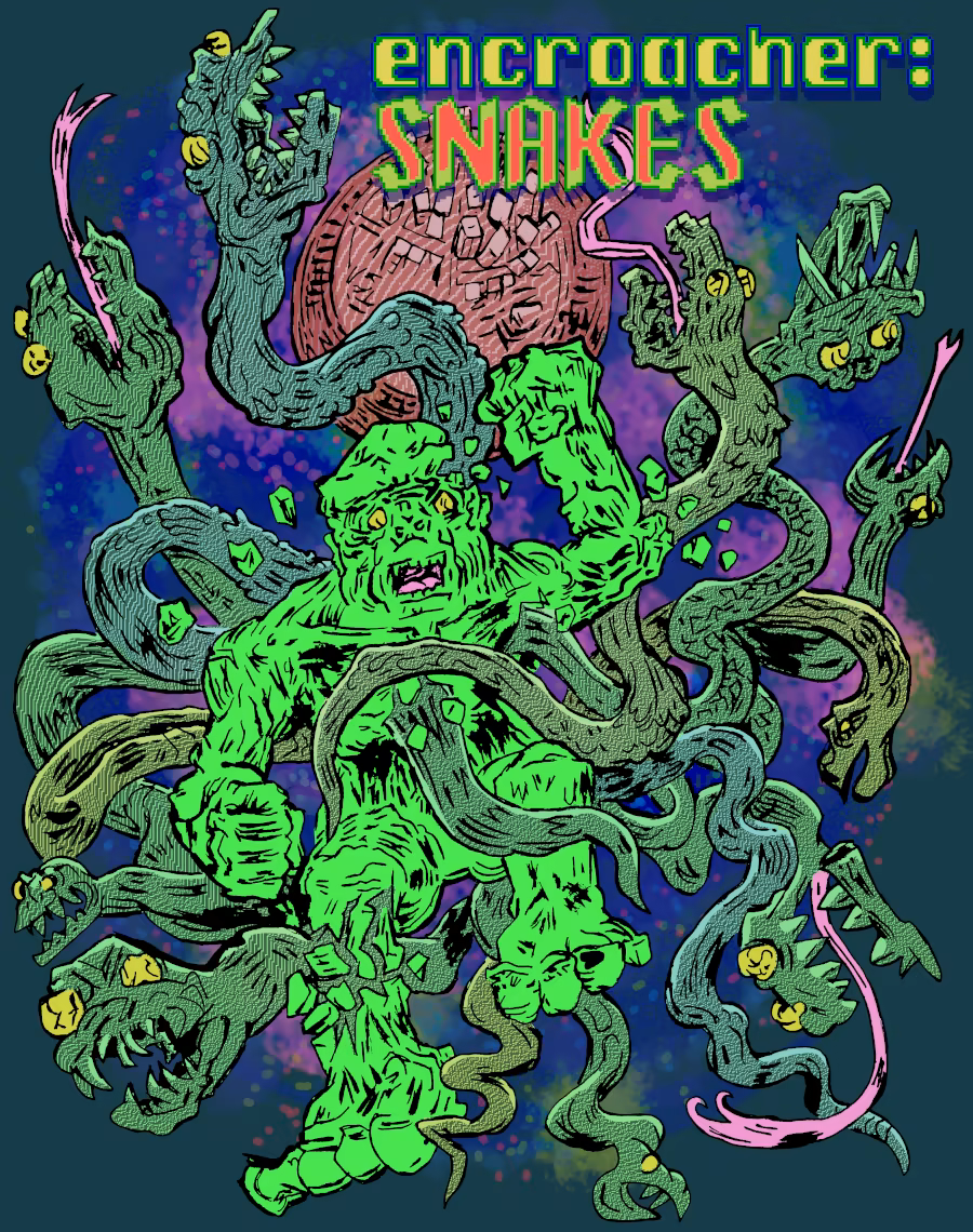 Encroacher Snakes logo. a green ape in space with snakes erupting from him. Mars in the background.