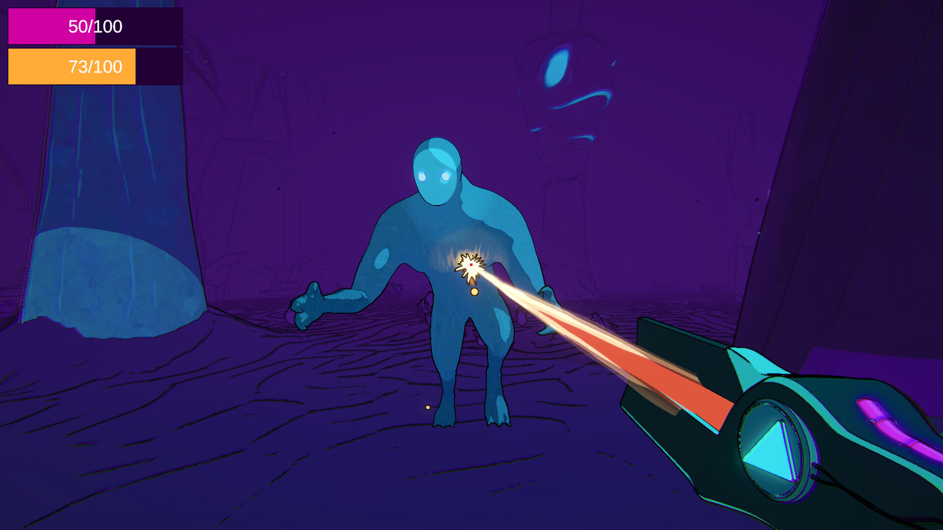 The image depicts a first-person perspective scene from a video game where the player is shooting a futuristic weapon at a glowing blue humanoid figure with a featureless face and glowing eyes. The weapon emits a bright, focused red-orange beam that hits the figure's chest, creating a small burst of light and sparks. The background is dark purple with faint outlines of towering structures and a textured ground, giving a mysterious, otherworldly atmosphere. Two score bars in the upper left corner show numbers '50/100' in pink and '73/100' in orange.