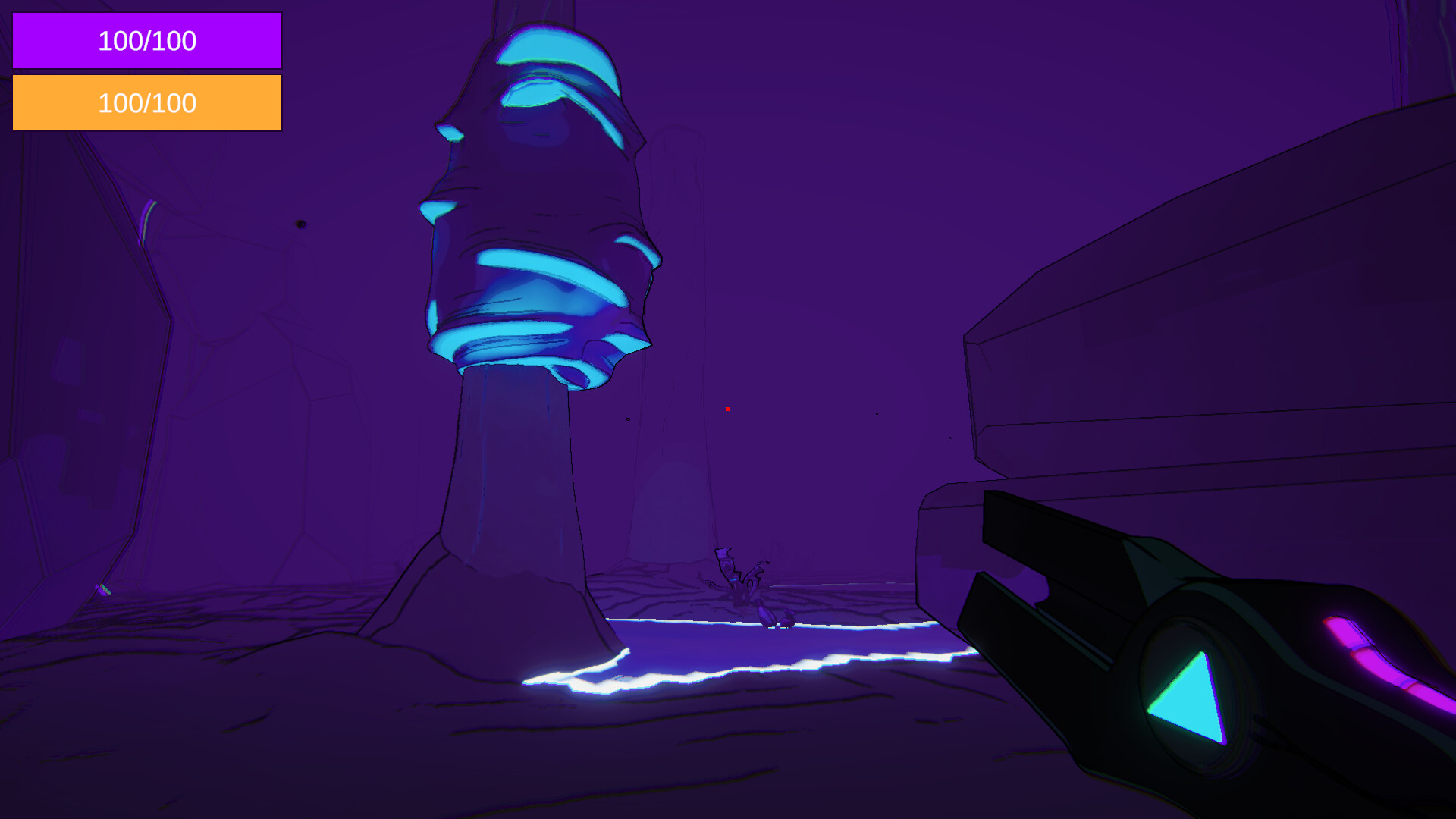 The image shows a dark, purple-hued environment that appears to be from a video game, viewed from a first-person perspective. In the foreground on the right side, there is a futuristic weapon with glowing accents in teal and purple. At the center-left, a large, abstract tree-like structure with glowing blue highlights stands out, rooted in ground that has swirling, illuminated patterns. The background fades into the same deep purple, with faint outlines of additional structures, suggesting an otherworldly or alien setting. In the top left corner, two rectangular health bars display '100/100,' one in purple and the other in orange.
