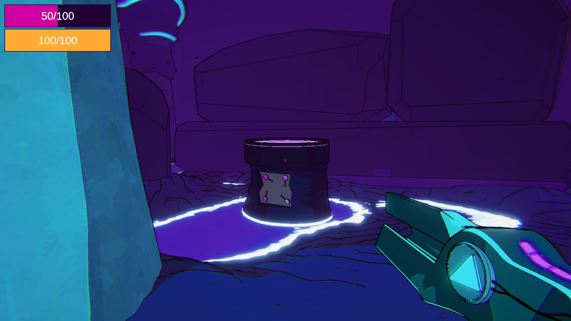 The image shows a futuristic, stylized video game scene with a dark purple and blue color palette. In the center, there is a cylindrical black object on the ground, surrounded by a glowing white circular light pattern. To the right, a sleek, angular weapon or tool featuring a blue-turquoise color and a glowing triangular symbol is partially visible. The environment appears to be an enclosed space with large, geometric rock-like structures in the background. In the upper left corner, there are two status bars with numeric values: one is purple and reads '50/100,' and the other is orange, reading '100/100.'