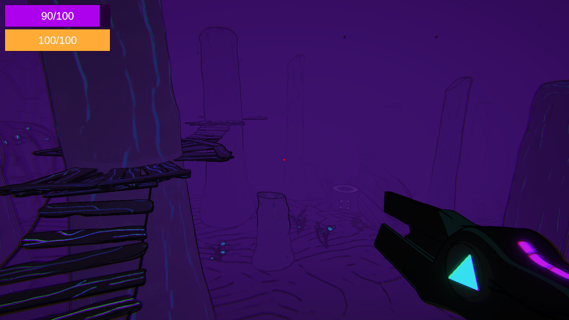 The image depicts a dark, stylized virtual environment with a predominantly purple color scheme. Large, cylindrical tree-like structures dominate the scene, connected by narrow, precarious wooden platforms and stairs that appear to be suspended in mid-air. In the foreground on the right, there is a futuristic, glowing weapon or tool held by the viewer's perspective, featuring neon blue and purple lights. On the left side near the top, there are two colored bars with scores labeled '90/100' in purple and '100/100' in orange, suggesting elements of a game interface. The overall scene has a moody and surreal atmosphere with faint outlines of additional environmental details in the background.