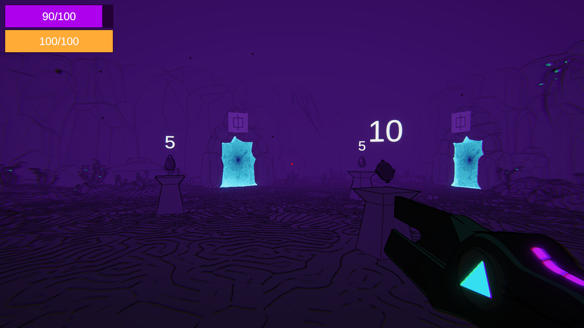 The image shows a dark, purple-hued virtual environment resembling a cave or rocky chamber with intricate floor patterns. In the middle distance, there are two glowing blue portals set within stone arches, each marked with a purple square symbol above them. In front of the portals, there are small pedestals holding various objects, with numbers such as '5' and '10' floating above them, indicating values or points. In the foreground on the right side, a futuristic weapon or tool with glowing elements is partially visible, suggesting a first-person perspective within a video game. The top left corner displays two rectangular bars with scores of '90/100' and '100/100' in purple and orange respectively.