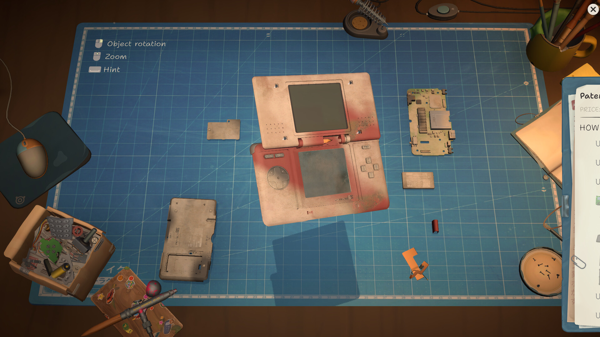 A handheld game device separated into repair layers in ReStory