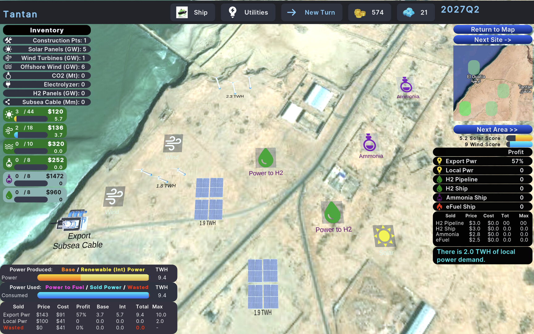 The image shows a digital map interface focusing on a coastal desert area labeled 'Tantan,' with several renewable energy installations including solar panel arrays and wind turbines scattered across the landscape. Various icons indicate power production and resource allocation, such as 'Power to H2' for hydrogen power and 'Ammonia' production sites, while an export subsea cable extends into the adjacent sea. Data panels display detailed inventory stats, power production and consumption figures, profit margins, and resource costs, with the current time period marked as '2027Q2' in the top right corner.