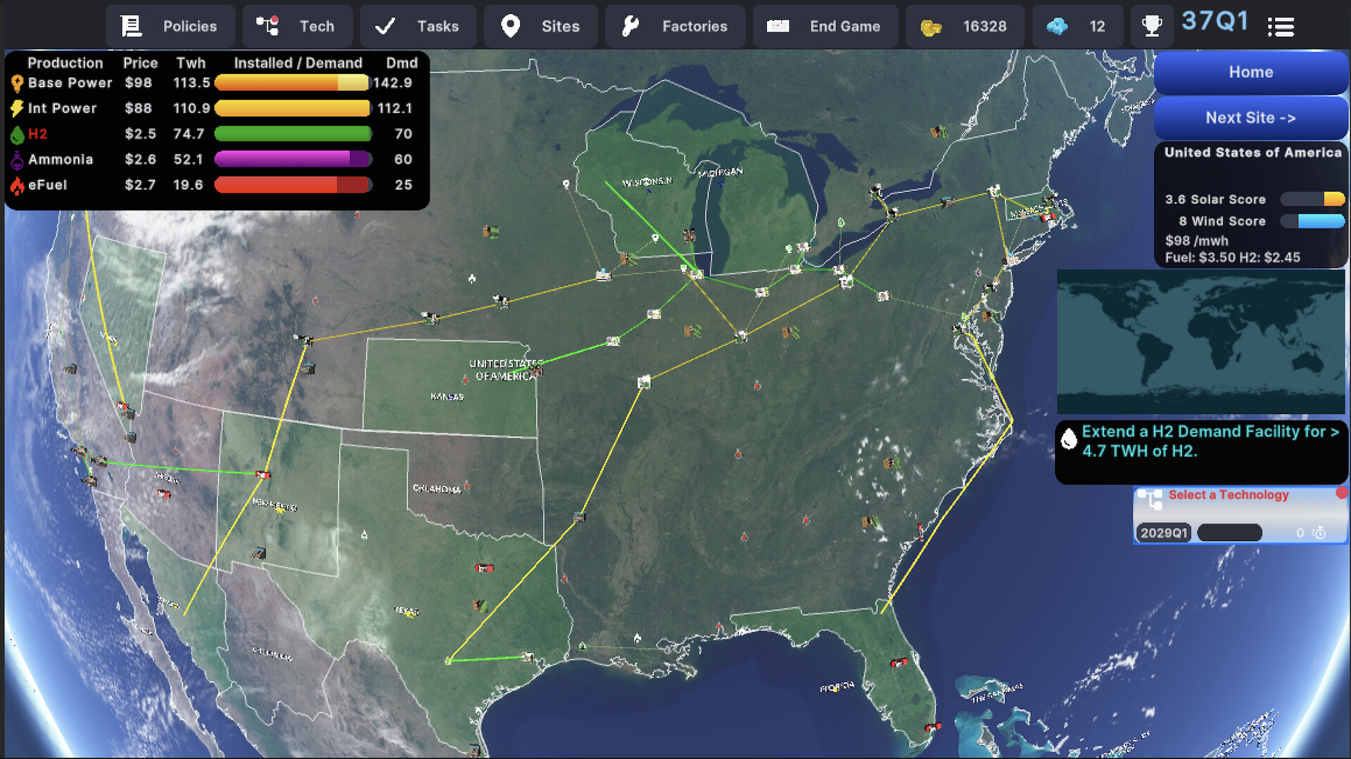 The image shows a detailed map of the United States overlaid with various colored lines and icons representing energy production and distribution networks. Different colored bars in the top-left corner indicate production capacity, price, and demand for various energy types such as Base Power, Int Power, Hydrogen (H2), Ammonia, and eFuel. The map highlights connections between states and facilities involved in energy infrastructure, with state names like Michigan, Oklahoma, Texas, and Florida visible. On the right side, a panel provides additional information including solar and wind scores, fuel prices, and an option to extend hydrogen demand facilities, set within a user interface suggesting this is from an energy management or simulation game.