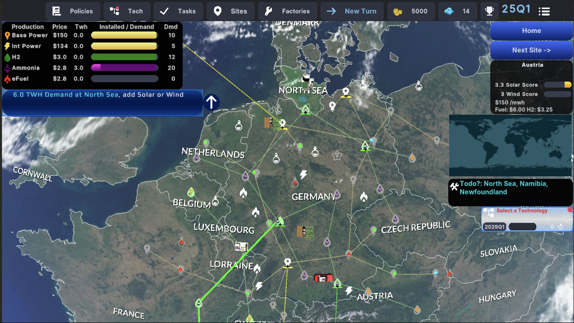The image shows a detailed map-focused interface of a strategy or simulation game centered on energy production and demand across parts of Western and Central Europe, including countries like Germany, France, Belgium, the Netherlands, and Austria. Various icons representing different types of energy sources-such as lightning bolts for electricity, flames for fuel, water droplets for hydrogen, and chemical symbols for ammonia-are connected by lines indicating energy distribution networks. A sidebar shows production costs, demand metrics, and energy prices, while prompt messages indicate a 6.0 TWh energy demand at the North Sea, suggesting the addition of solar or wind power. The interface also includes buttons for tasks, sites, factories, and policies, along with game resources such as currency and score displayed at the top.