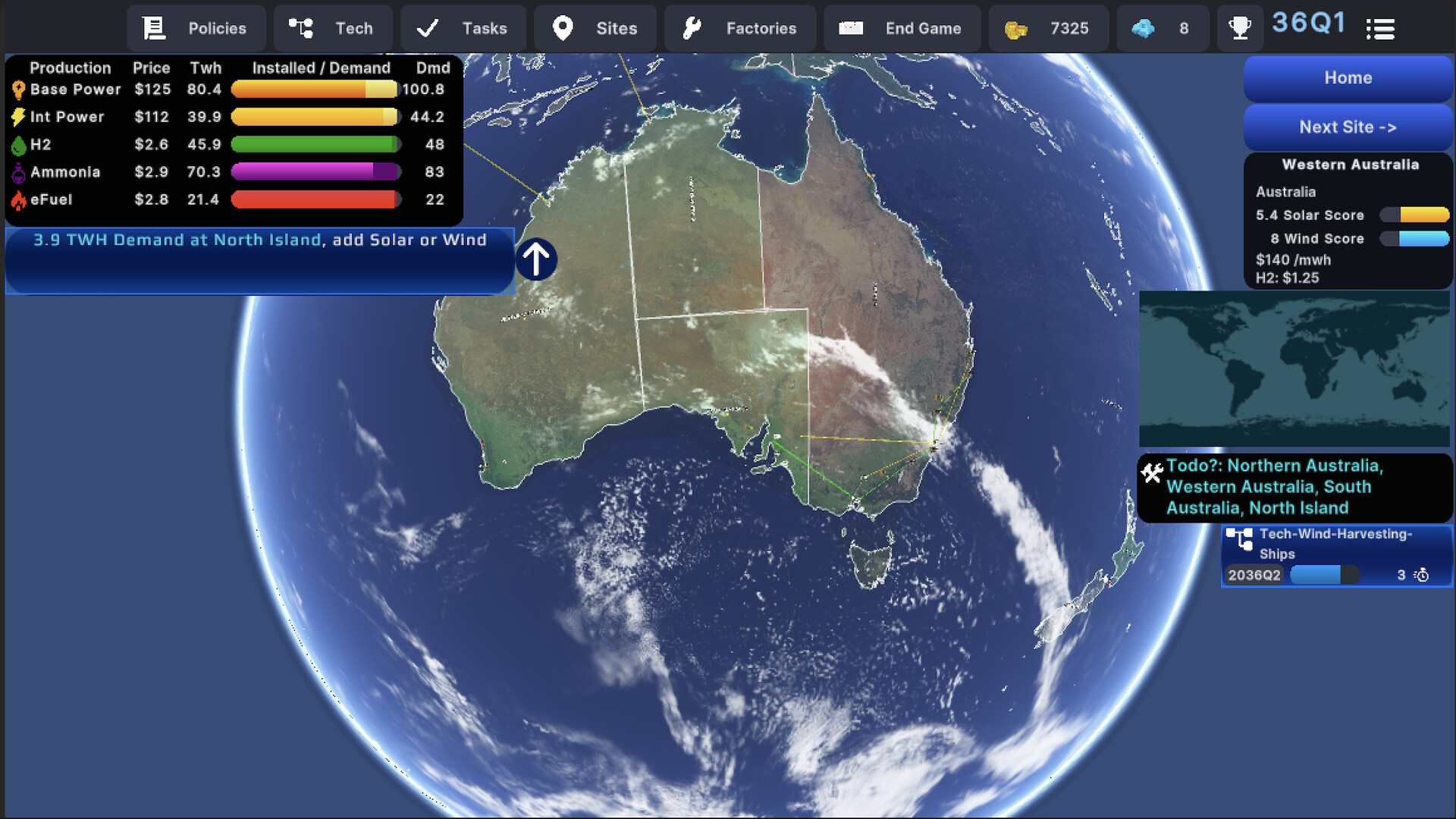 The image shows a digital globe focusing on Australia and part of New Zealand, with visible cloud patterns over the oceans. Over Australia, state borders are outlined, and there are various colored lines indicating routes or connections across the continent. In the top left corner, a dashboard displays production types, prices, and energy demand data for different power sources such as Base Power, Int Power, H2, Ammonia, and eFuel. On the right side, there is an info panel highlighting Western Australia with solar and wind scores, prices, and a to-do list referencing several Australian regions and North Island. The interface has navigation buttons and tabs for Policies, Tech, Tasks, Sites, Factories, and End Game at the top.