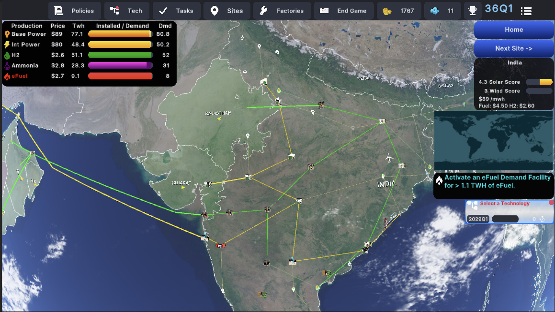 The image shows a detailed map of India and its surrounding regions, with various icons and colored lines representing energy production sites and their connections. In the top left corner, a legend displays different energy types-Base Power, Int Power, H2, Ammonia, and eFuel-with corresponding prices, production amounts in terawatt-hours (TWh), and capacity utilization bars. Several labeled regions such as Rajasthan and Gujarat are visible, along with networks of green and yellow lines linking energy sites across the map. There is also an informational panel indicating renewable energy scores and fuel costs for India, as well as a prompt to activate an eFuel demand facility for over 1.1 TWh of eFuel. The interface includes tabs for Policies, Tech, Tasks, Sites, Factories, and an End Game option, suggesting a strategic management or simulation game.