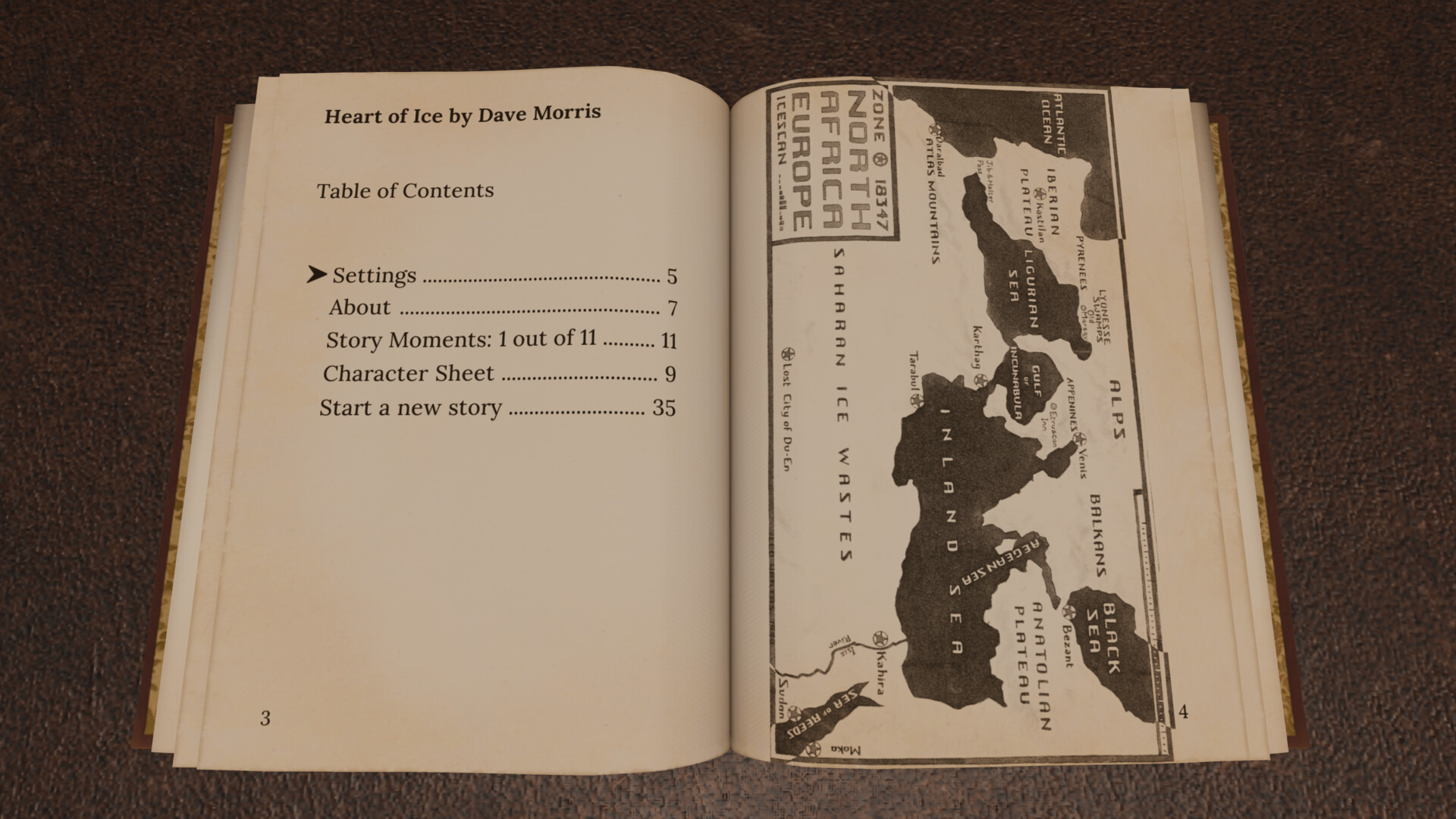 The image shows an open book lying on a textured surface, possibly a carpet. The left page displays the Table of Contents for a work titled "Heart of Ice by Dave Morris," listing sections such as Settings, About, Story Moments, Character Sheet, and Start a new story, along with their corresponding page numbers. The right page features a detailed black-and-white map labeled "Zone 18347," depicting regions such as North Africa and Europe, with names of geographic features and bodies of water like the Sahara Ice Wastes, Inland Sea, Ligurian Sea, and Black Sea.