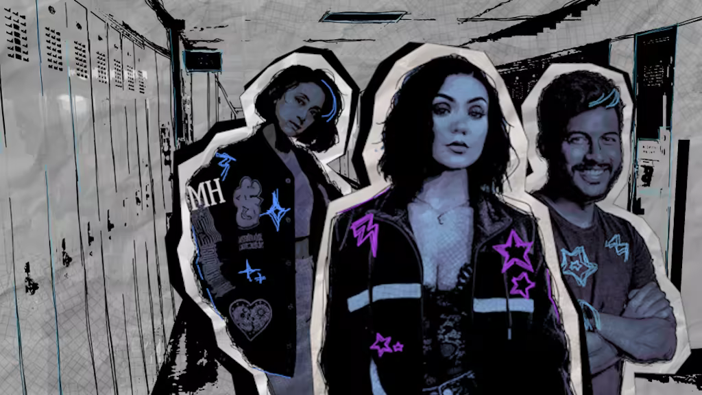 Three NPCs in a school hallway