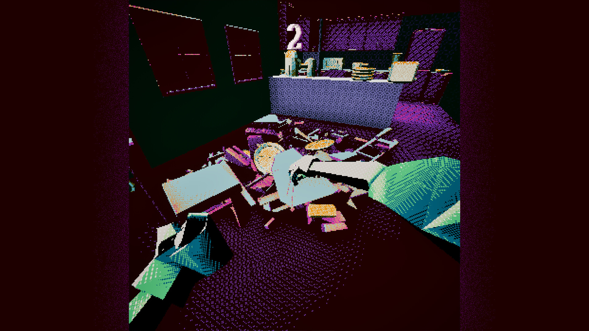 The image shows a dimly lit indoor scene with scattered objects on the floor, including books, a chair, and various pieces of debris. In the foreground, a pixelated arm extends forward, suggesting the perspective of a person lying down or reaching out. In the background, a counter or table is visible with stacked plates and utensils, and a large number '2' stands prominently on or near the counter. The overall visual style is pixelated and retro, reminiscent of an old video game or digital art.