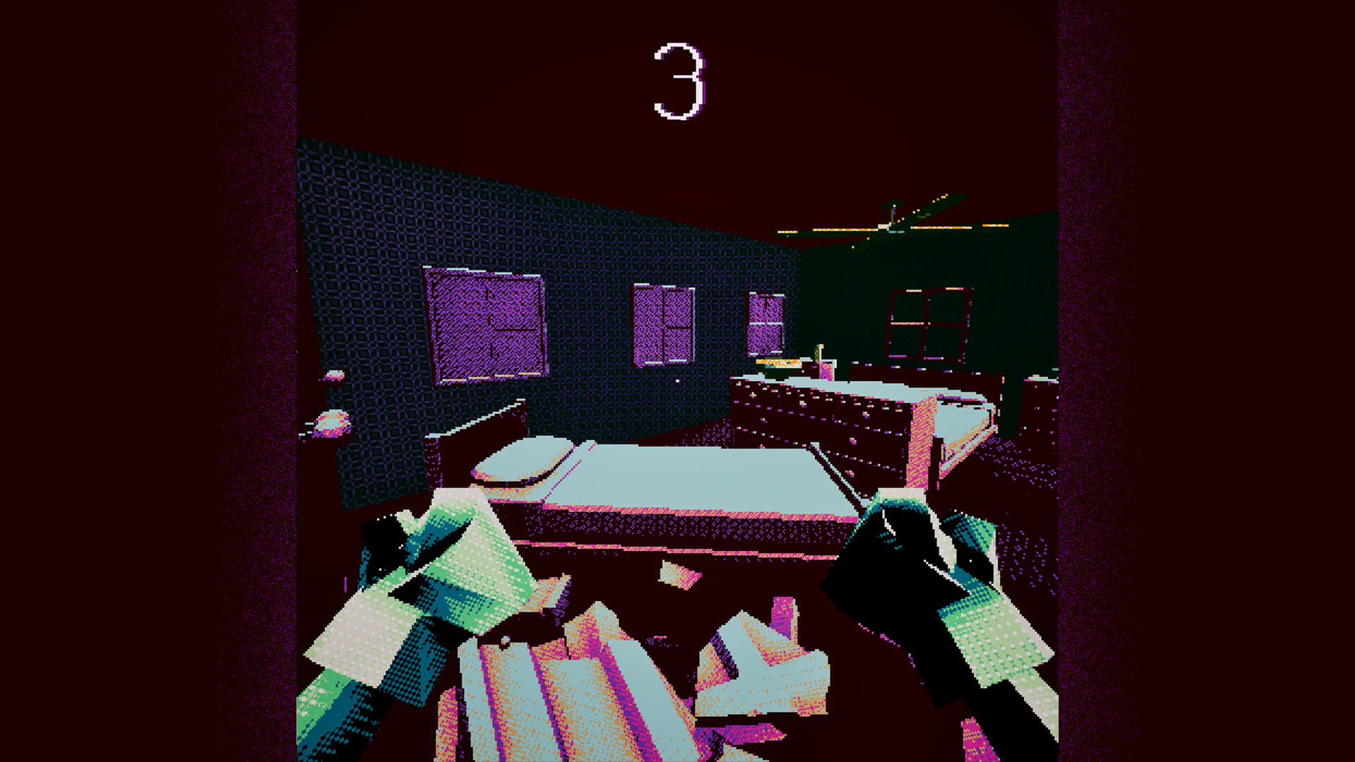 The image shows a pixelated, low-resolution view of a bedroom from a first-person perspective. In the foreground, two blocky hands appear to be holding or manipulating large rectangular objects. The room contains two beds with simple bedding, a dresser with items on top, and four purple-toned windows on blue patterned walls. A large white number '3' is prominently displayed at the top center of the image. The overall color palette is dark with shades of purple, blue, and green.