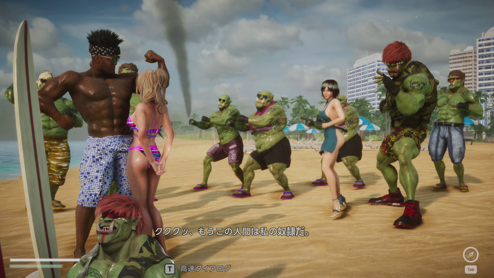 The image shows a beach scene with several muscular green-skinned orc-like creatures and a few human characters. In the foreground, a muscular dark-skinned man in patterned blue swim trunks flexes his arm while a blonde woman in a pink and purple bikini stands close to him, her back turned to the viewer. Around them, multiple green-skinned orcs wearing sunglasses, casual beachwear, and sandals strike various fighting or dancing poses. A woman in a dark swim dress stands among the orcs, looking toward the camera. In the background, there are beach umbrellas, palm trees, and tall buildings under a partly cloudy sky, with a column of dark smoke rising in the distance. Japanese text is overlaid near the bottom of the image.