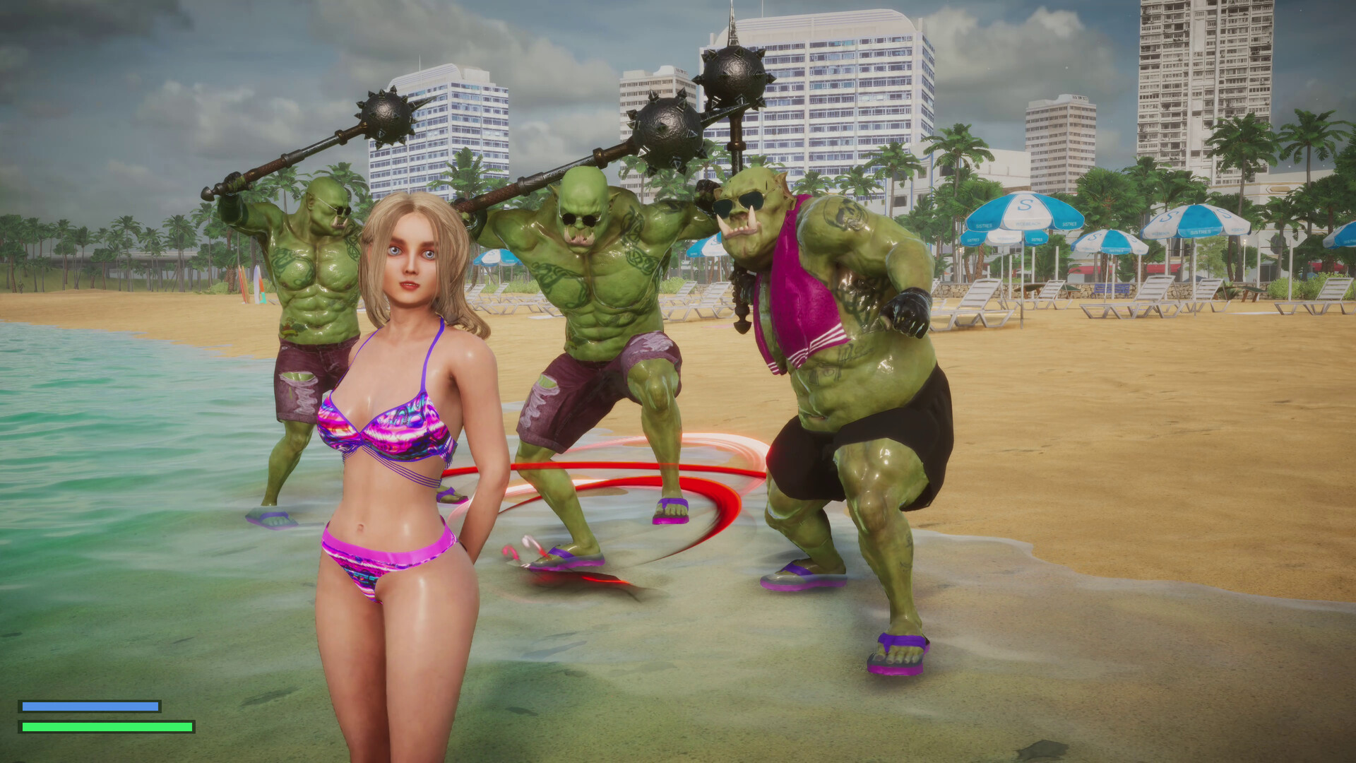 The image shows a digitally rendered beach scene featuring a young woman with light skin and blonde hair standing in shallow water near the shore. She is wearing a vibrant pink and purple bikini and looking directly ahead with a neutral expression. Behind her, three large, muscular green orc-like creatures wearing swimsuits and flip-flops are wielding spiked maces and appear to be in mid-action, as if preparing to attack or defend. The background includes sandy beach with rows of empty lounge chairs and blue-and-white umbrellas, along with palm trees and tall modern buildings under a partly cloudy sky.