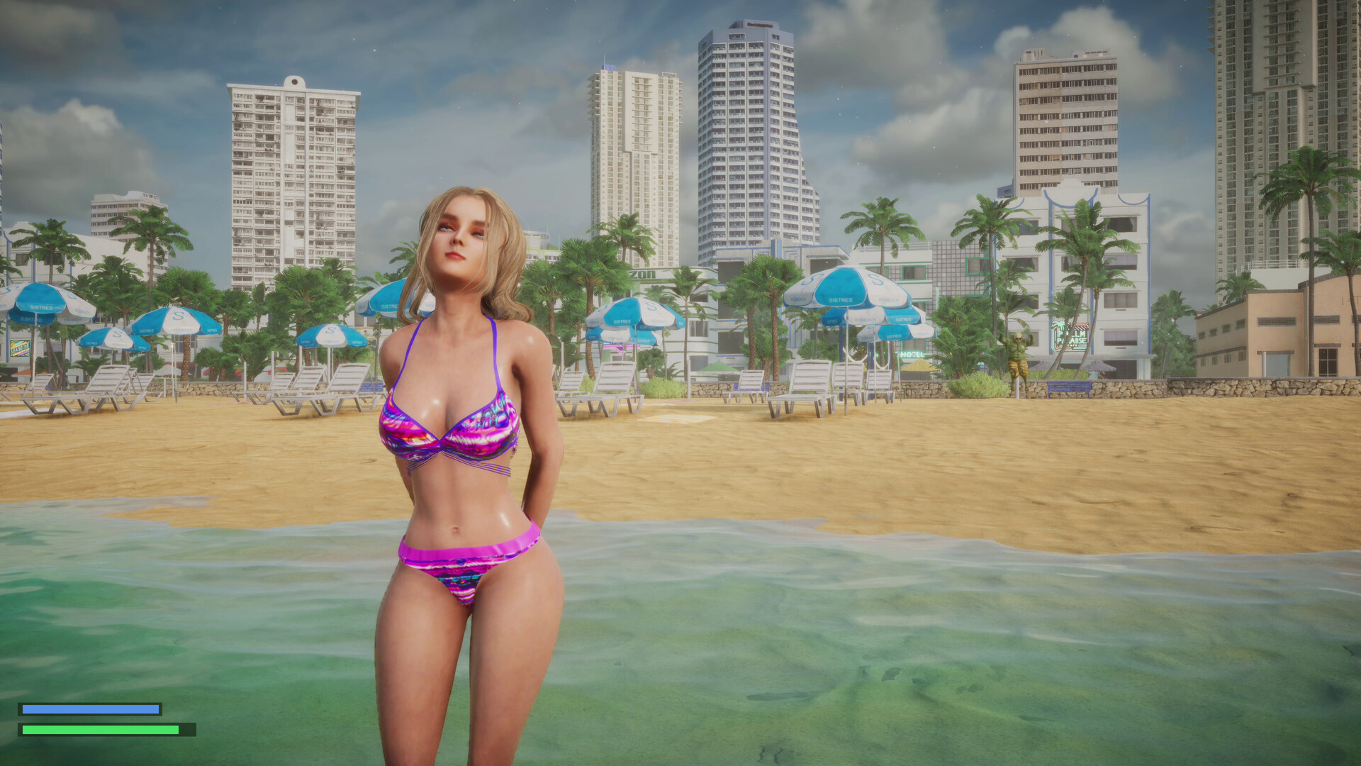 The image shows a young woman standing in shallow, clear greenish water at the edge of a sandy beach. She is wearing a vibrant purple and pink patterned bikini and has long blonde hair that rests over her shoulders. Behind her, there are numerous blue and white beach umbrellas with matching lounge chairs scattered across the sand. The background features tall modern buildings and palm trees under a partly cloudy sky, giving the scene a tropical, urban beachfront atmosphere.