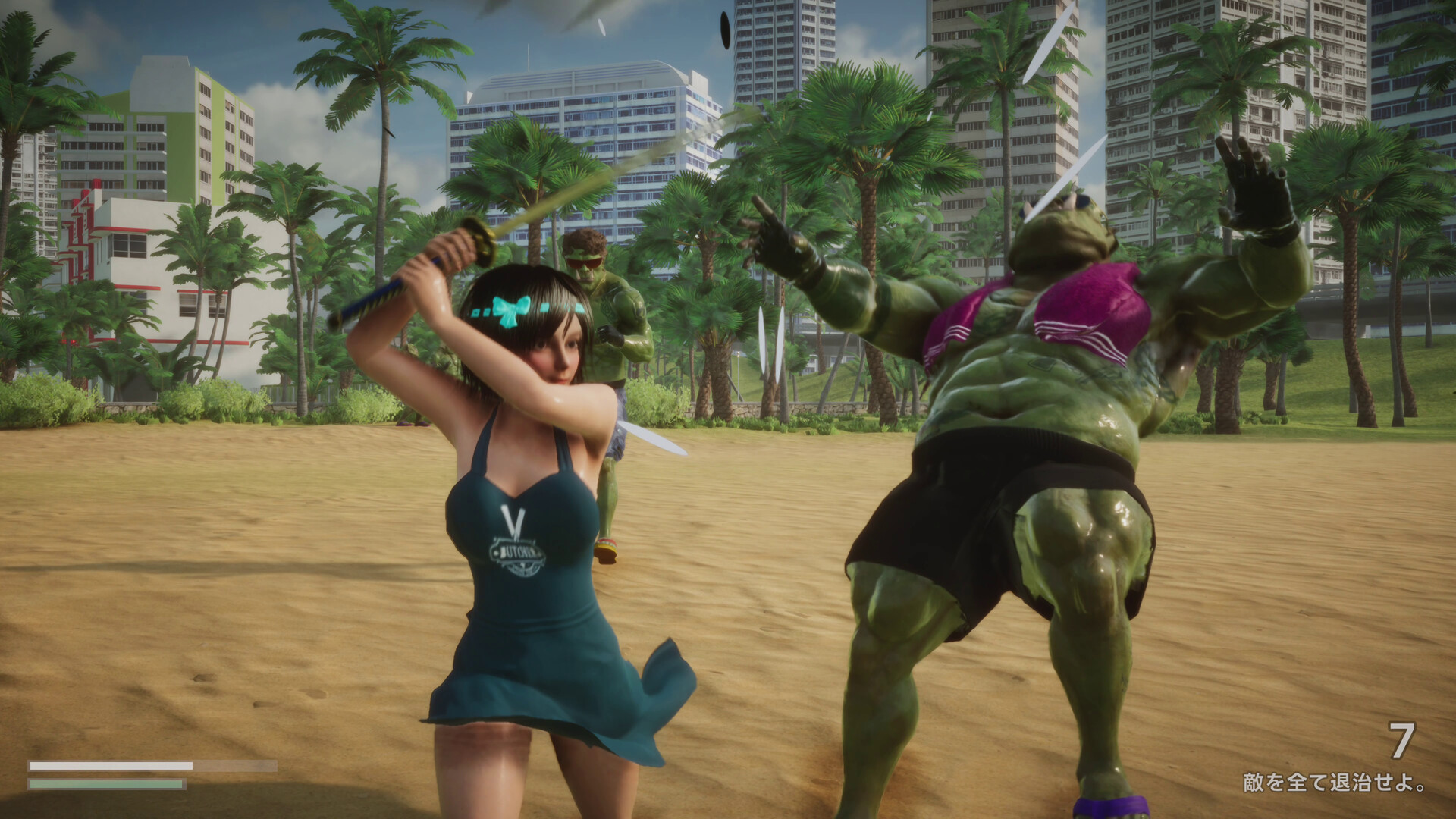 The image depicts a dynamic, action-packed scene set on a sandy beach with palm trees and tall buildings in the background. In the foreground, a young woman with short dark hair, wearing a teal dress and a glowing blue hair accessory, is swinging a sword with both hands. To her right, a large, muscular green creature wearing black shorts and a pink top appears to be recoiling as multiple swords fly toward it. Another green humanoid figure, dressed in a similar style, is seen in the middle ground running toward the duo. The scene has a vibrant and animated style typical of a video game, with a health or status bar visible in the bottom left corner and Japanese text with the number 7 in the bottom right.