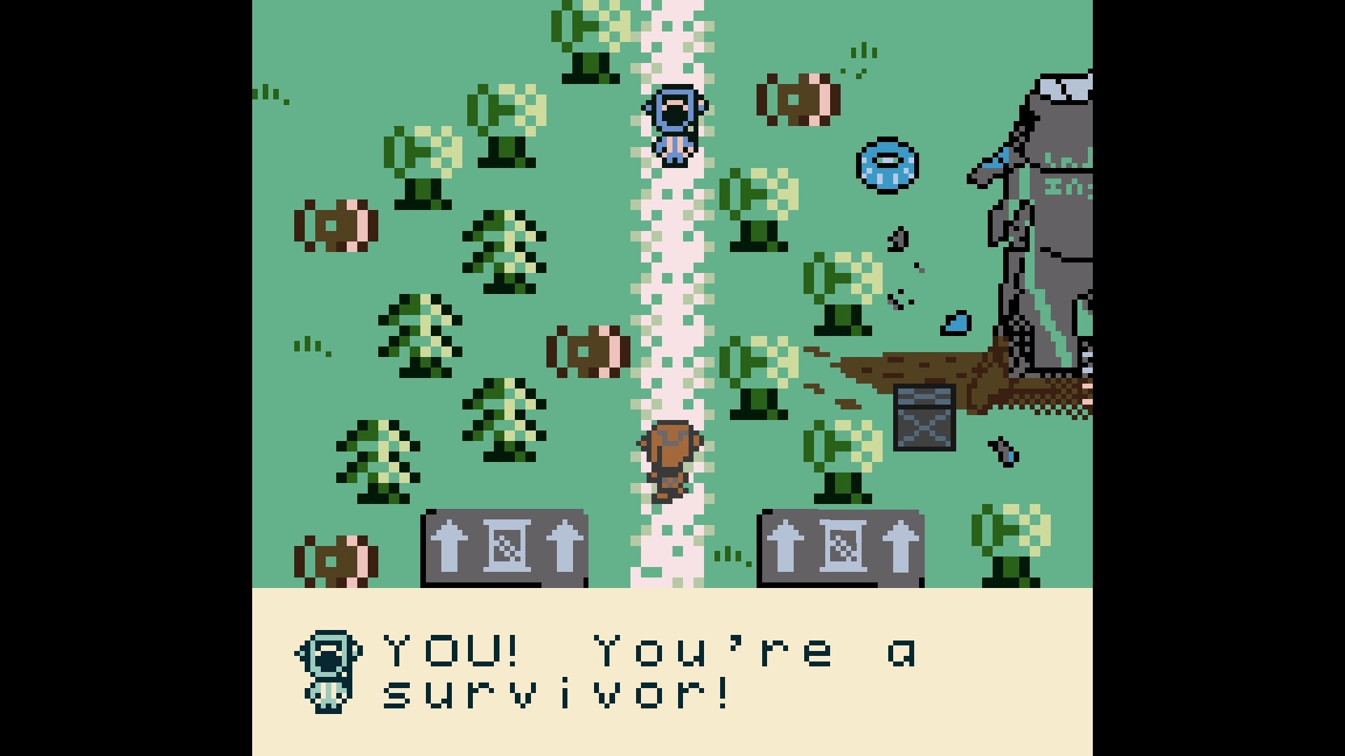 The image shows a pixelated, top-down view of a grassy area with small trees and patches of dirt. Two characters stand on a narrow dirt path facing each other: one has a blue outfit and helmet, the other wears brown clothing. To the right, there is a damaged, gray structure with debris scattered around it. At the bottom of the image, a dialogue box displays the text, 'YOU! You're a survivor!'