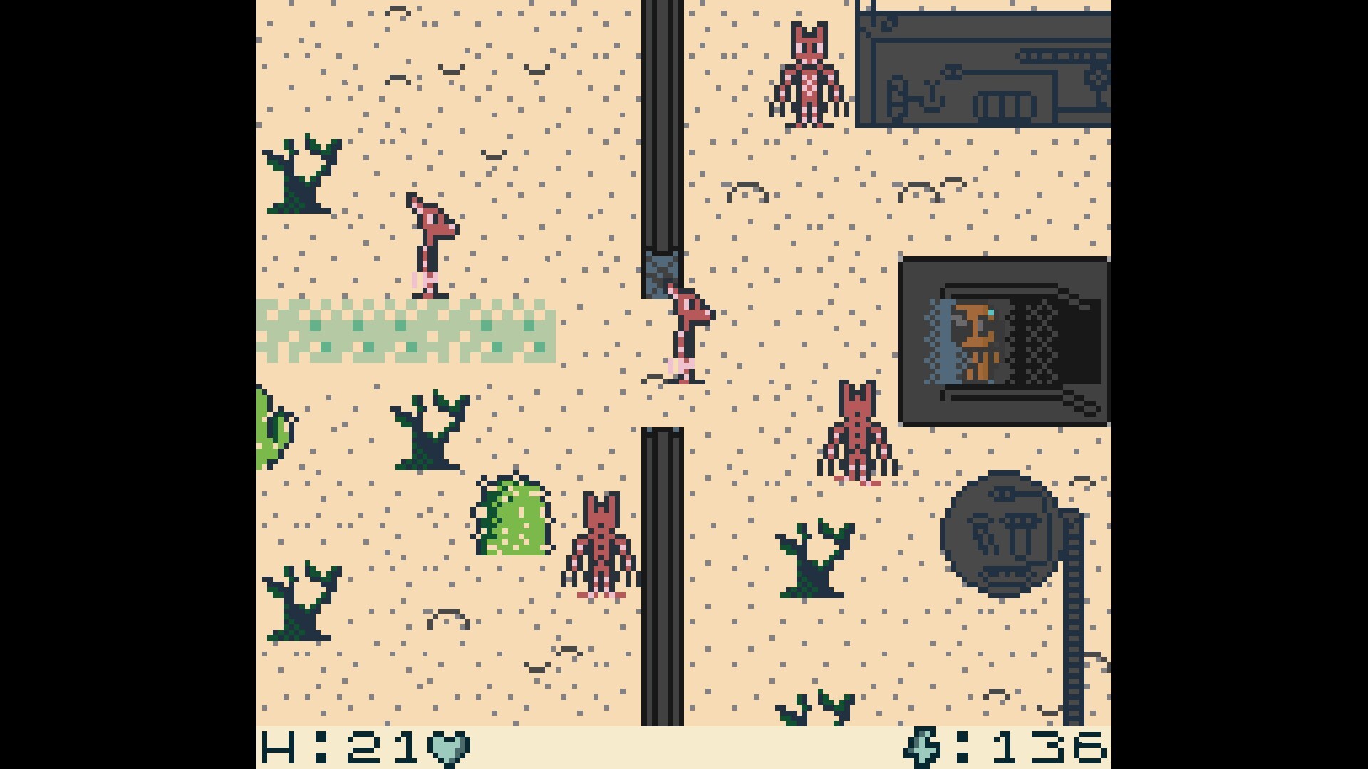 The image depicts a pixel art-style video game scene set in a desert environment with sandy ground and sparse vegetation, including a few green bushes and dark, barren trees. Several humanoid creatures with red bodies and claw-like limbs are scattered throughout the scene, alongside two tall, slender creatures with long necks and small heads. There are also dark structures resembling machinery or buildings in the upper right corner, one of which contains a small brown animal or figure visible through a window. At the bottom of the screen, there is a heads-up display showing a heart icon with the number 21 and a currency or points indicator with the number 136.