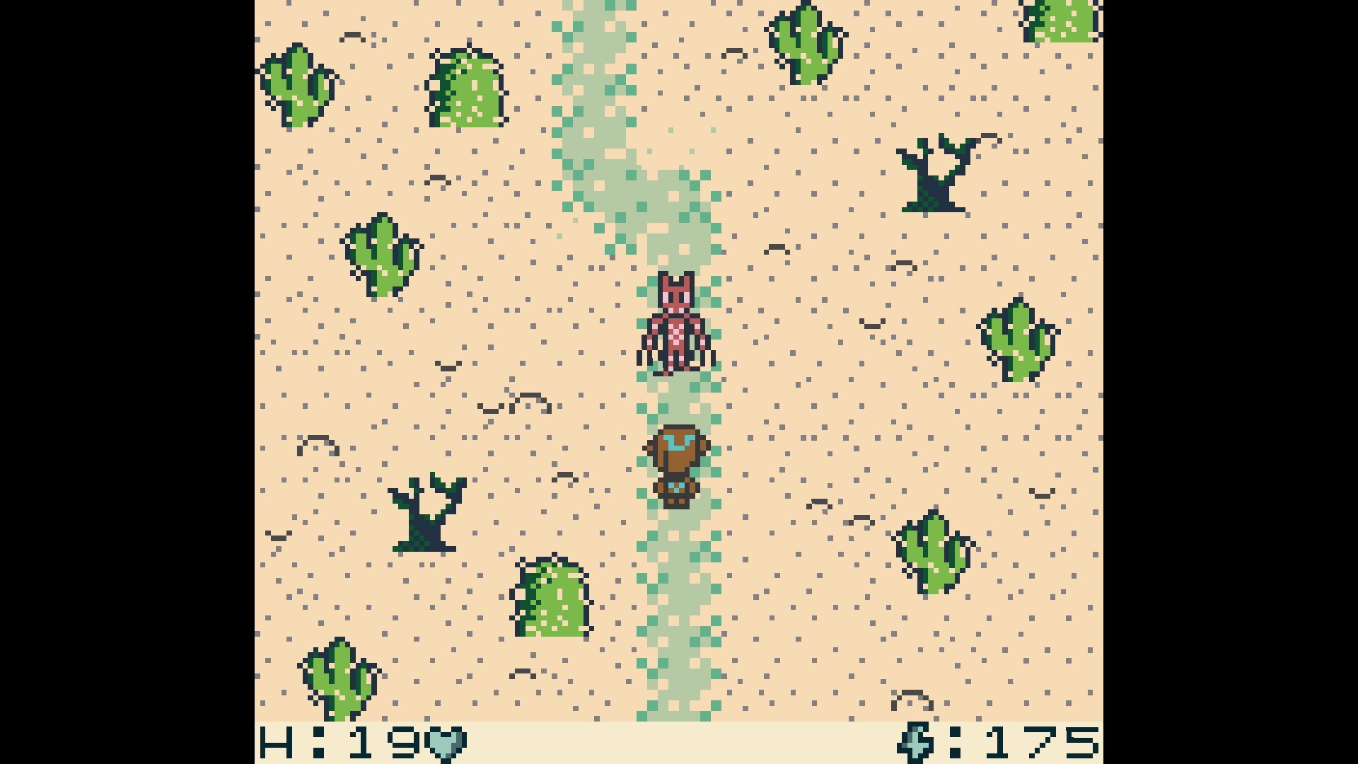 The image shows a pixel art style scene set in a desert environment with a sandy beige background scattered with small dots and patches suggesting texture. Various green cacti and dark, leafless, branching shrubs are distributed across the landscape. In the center, there is a vertical trail of greenish-tinted pixels resembling a path or smoke, on which two characters stand: the upper one appears to be a pinkish humanoid figure with ears or horns, while the lower one is a brownish figure facing upward. At the bottom of the screen, numeric indicators show 'H:19' next to a heart symbol on the left and 'C:175' on the right, likely representing health and currency or points.