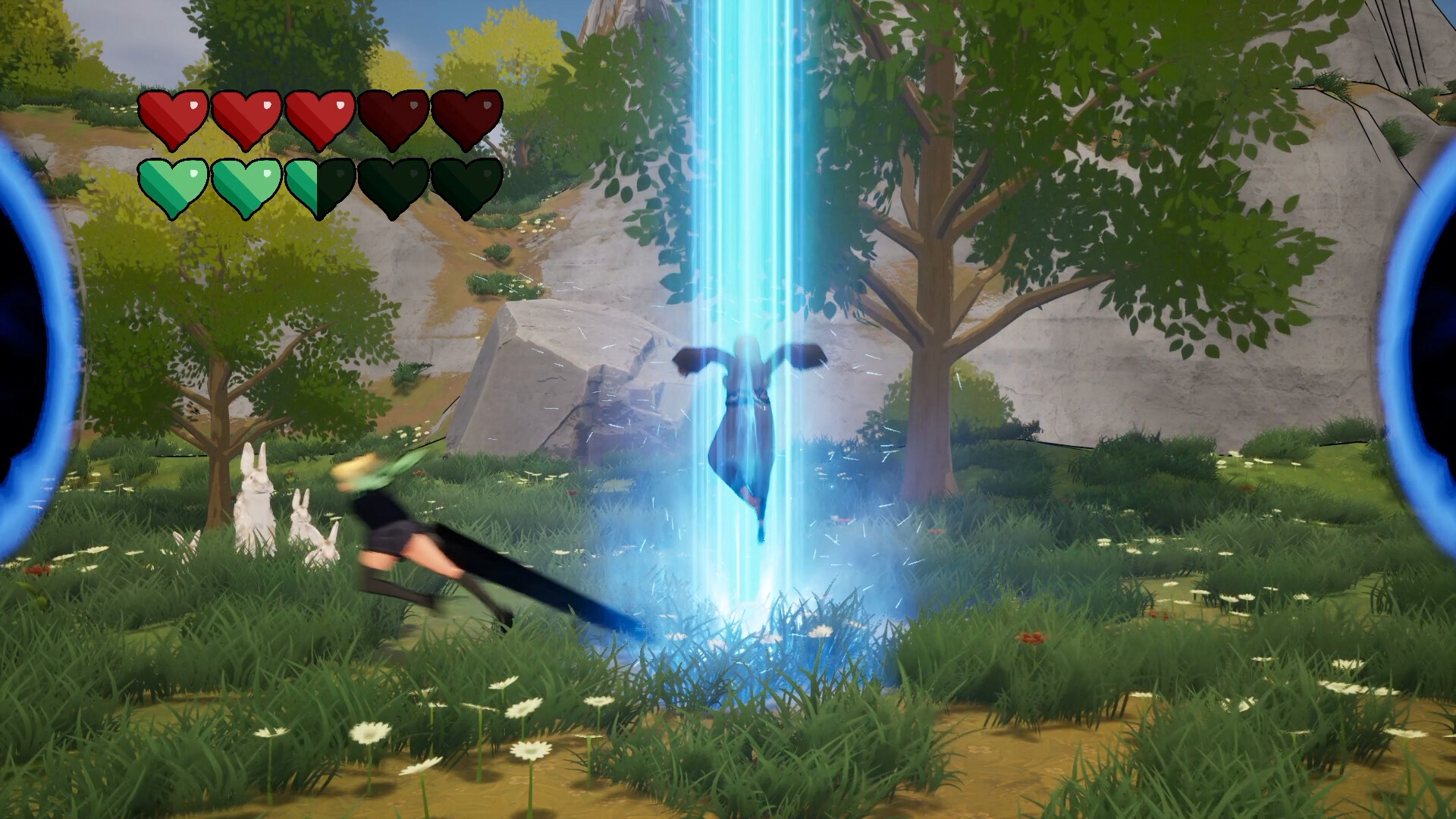 The image depicts a vibrant outdoor scene with lush green grass dotted with white and orange flowers, surrounded by several trees and rocky hills in the background. In the center, a humanoid figure is rising vertically within a glowing blue beam of light, with wings spread wide, giving the impression of flight or ascension. To the left, another character dressed in dark clothing appears to be mid-motion, possibly running or attacking, adding a sense of dynamic action. Nearby, three white rabbits are calmly sitting among the grass. Two blue circular portals frame the image on the left and right edges, suggesting a fantastical or game environment. In the top left corner, rows of red and green heart icons indicate health or status bars typical of video game interfaces.