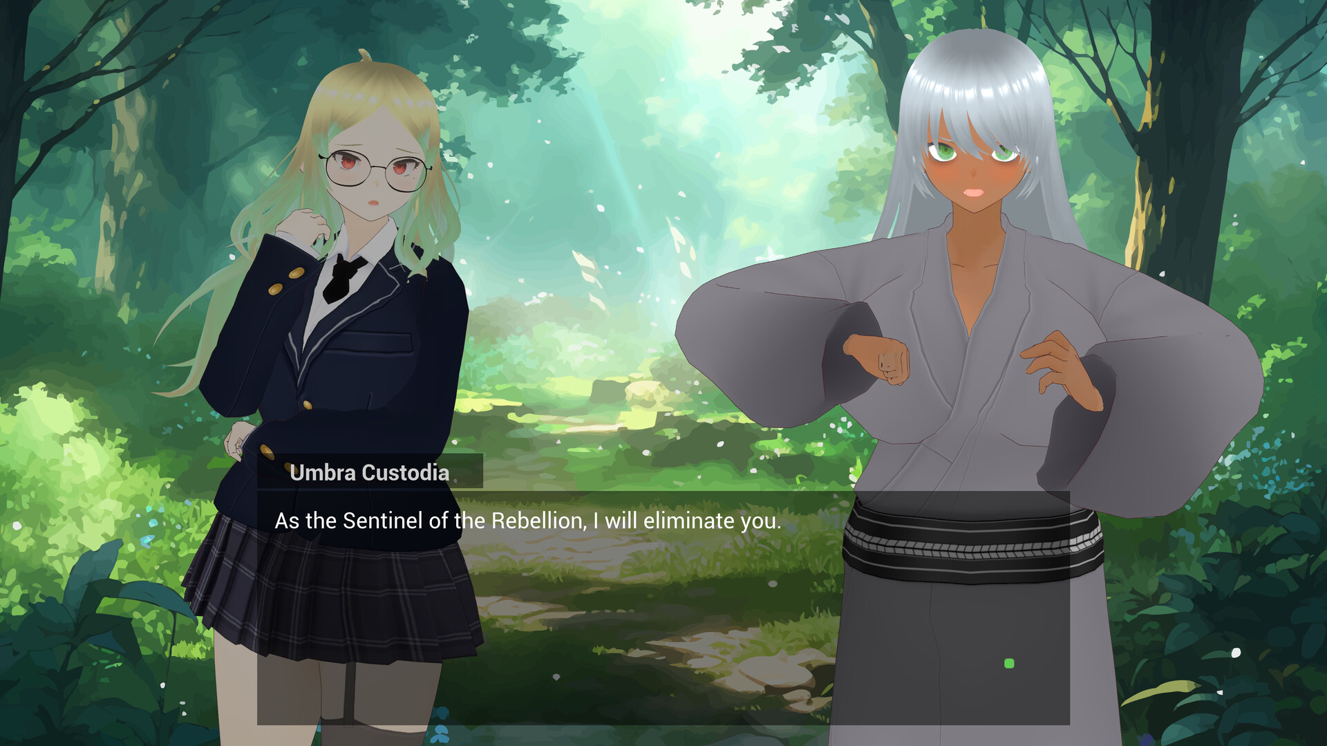 The image depicts two female anime-style characters standing in a lush, sunlit forest clearing with tall trees and dense foliage in the background. On the left, a blonde woman with glasses and red eyes wears a navy blue school uniform with a pleated skirt, and she has a serious expression with one hand touching her chin. On the right, a dark-skinned woman with long silver hair and green eyes is dressed in a traditional martial arts outfit with a black belt, holding her fists up in a ready stance. Text overlaid on the image reads, 'Umbra Custodia: As the Sentinel of the Rebellion, I will eliminate you.'