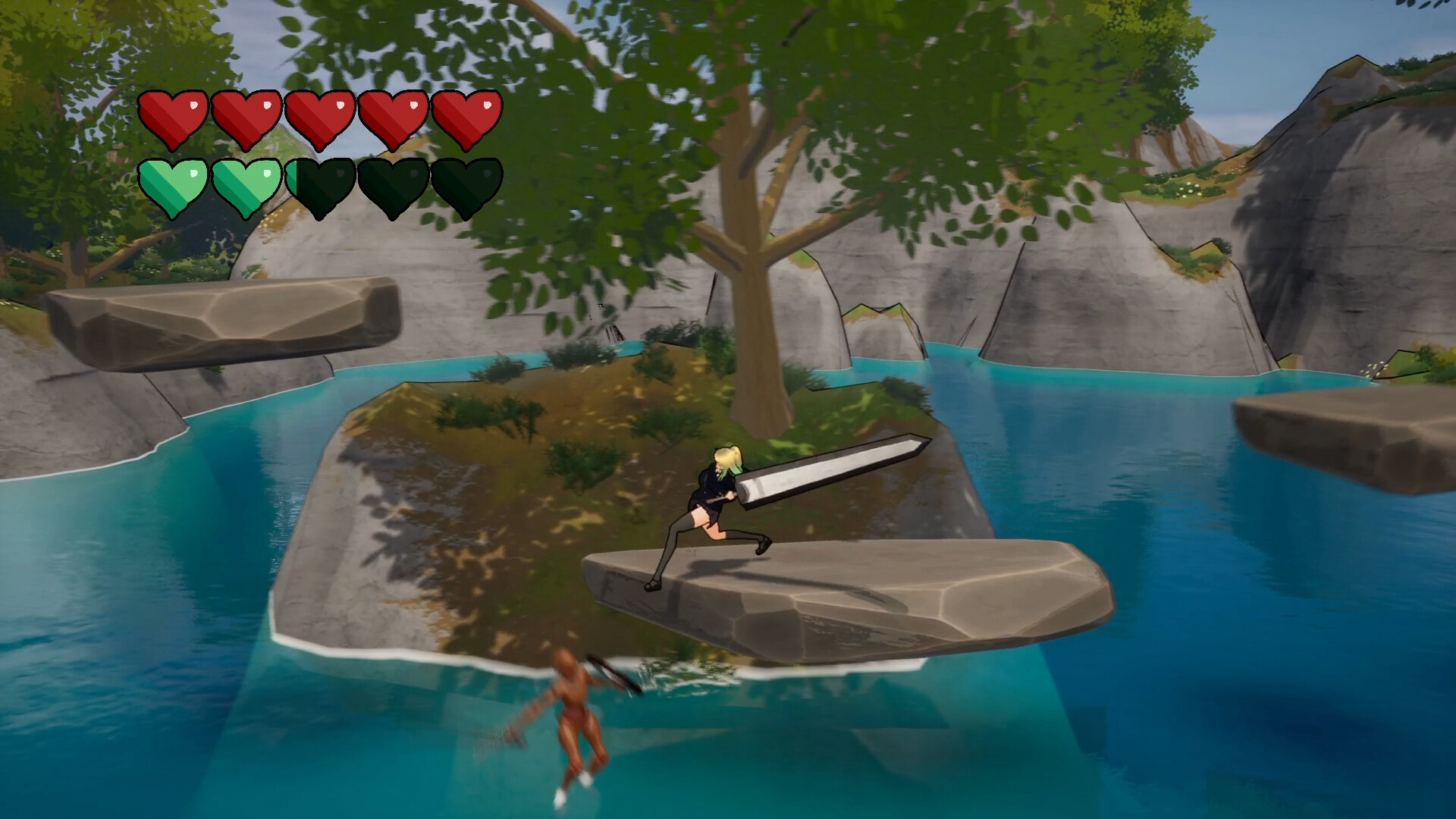 The image shows a scene from a video game featuring a character with blonde hair wielding a large sword, poised in a combat stance on a floating stone platform above a body of clear blue water. Surrounding the water are rocky cliffs and a small grassy island with a tree and bushes. Another character, blurred and seemingly in mid-motion, is below the platform near the water's surface. In the upper left corner, there is a health indicator with hearts in red, green, and black colors.