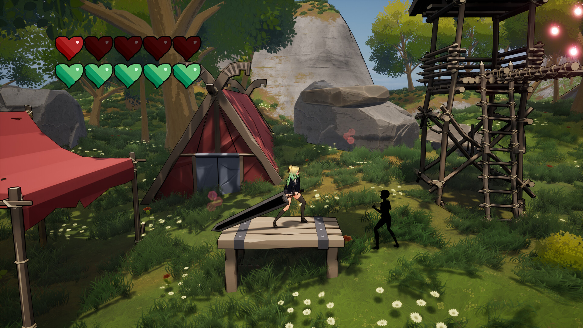 The image depicts a vibrant outdoor scene from a video game, set in a grassy area with scattered wildflowers and several trees in the background. In the center, a character with blonde hair and dark clothing wields a large, oversized sword while standing on a wooden platform. Nearby, a shadowy, featureless humanoid figure faces the character. Surrounding the area are structures including a red tent, a triangular wooden hut, and a tall wooden lookout tower connected by rope bridges. In the upper left corner, a game interface shows two rows of heart icons, with several hearts in red and green, indicating health or status.