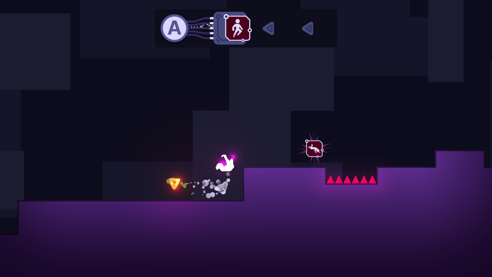 The image shows a dark platform game scene with a predominantly purple and black color scheme. In the center, a white pixelated character with a glowing pink spot on its head is jumping or falling near the edge of a platform, leaving a trail of gray smoke behind. To the right, there is a series of red spikes on a lower platform with an icon above it depicting a rabbit, suggesting a possible game mechanic or obstacle. At the top of the screen, there is a user interface element displaying a large 'A' button connected to a walking icon, likely indicating controls or an action prompt.