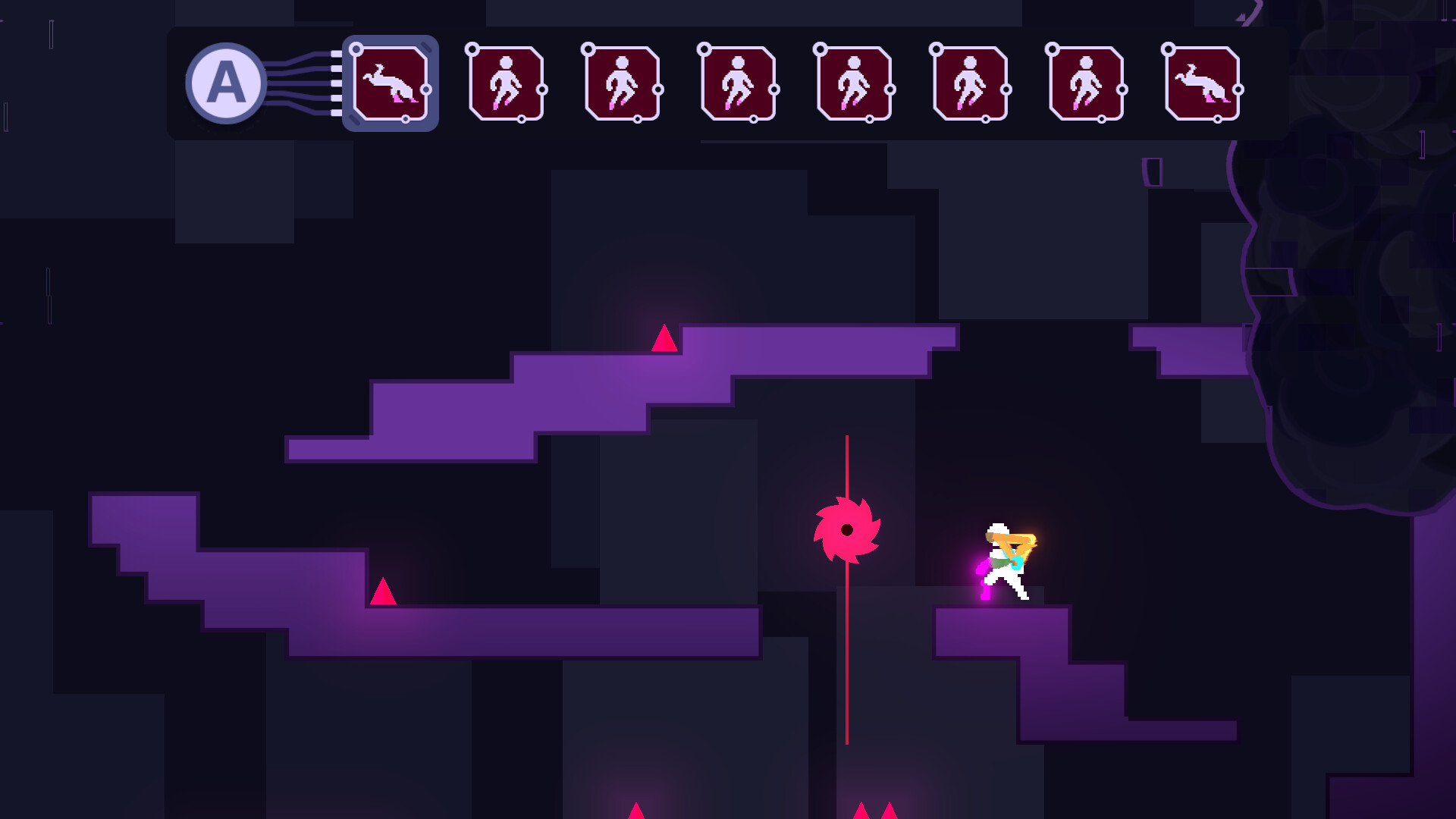 The image shows a pixel art-style platformer video game scene with a dark background and purple platforms arranged at different heights. A small character wearing a white outfit with glowing orange and pink elements stands on the right platform, preparing to jump or move forward. The obstacles include red triangular spikes on the platforms and a spinning red circular saw suspended by a thin red line. At the top of the screen, there is a sequence of icons depicting different movement or action commands, indicating possible player inputs or a combo meter.