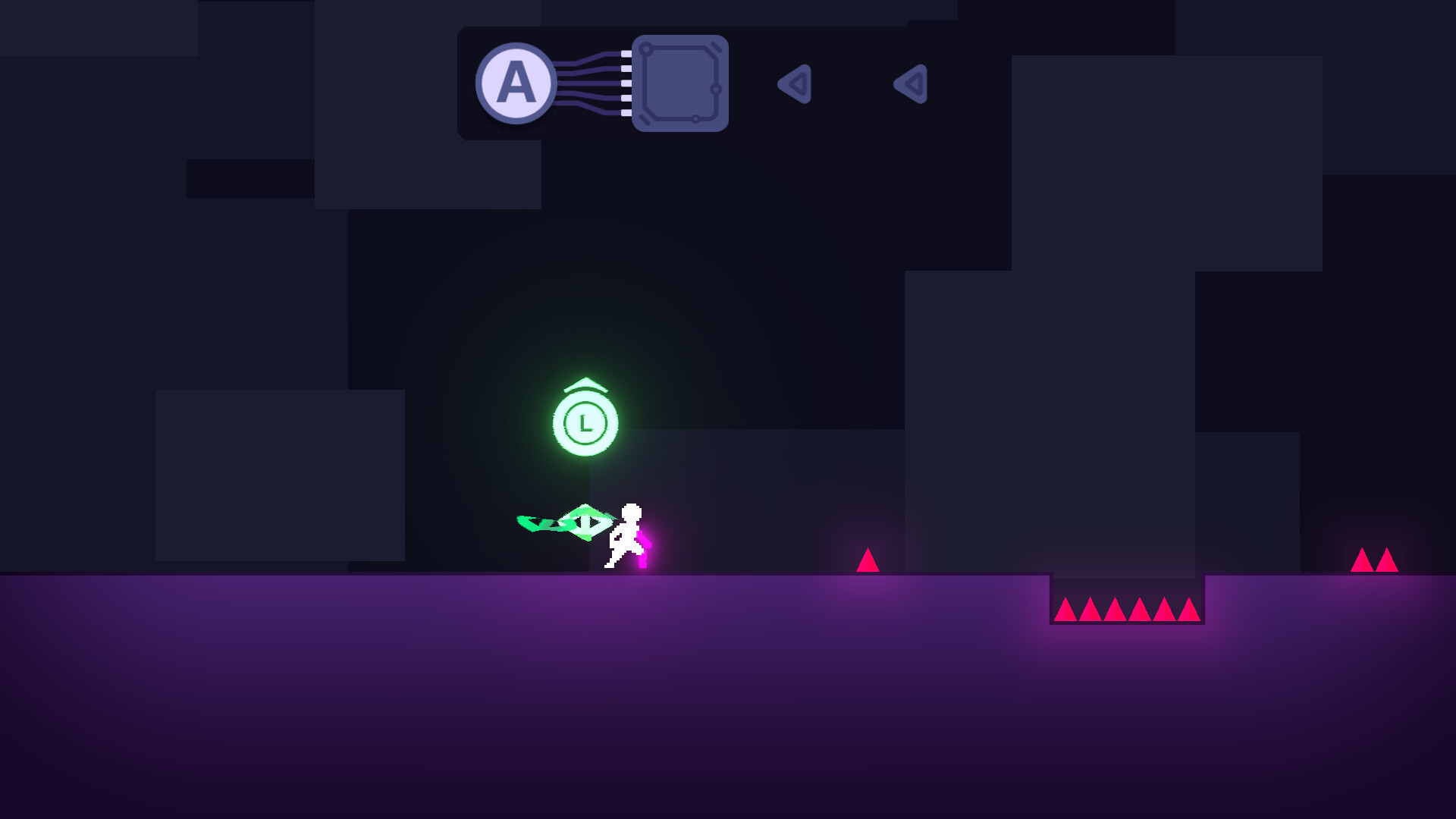 The image shows a scene from a side-scrolling video game with a dark, minimalist background composed of large, shadowy black and purple blocks. A small white character stands on a purple platform, surrounded by glowing effects-green behind and pink near the character's hand. Above the character floats a green circular icon with a clock symbol and the letter 'L,' indicating a game mechanic or ability. To the right of the character are several red spikes placed on the platform and in a recessed pit, serving as obstacles. At the top of the screen, a simple interface displays an 'A' button connected to a microchip icon and directional arrows, likely representing control inputs.