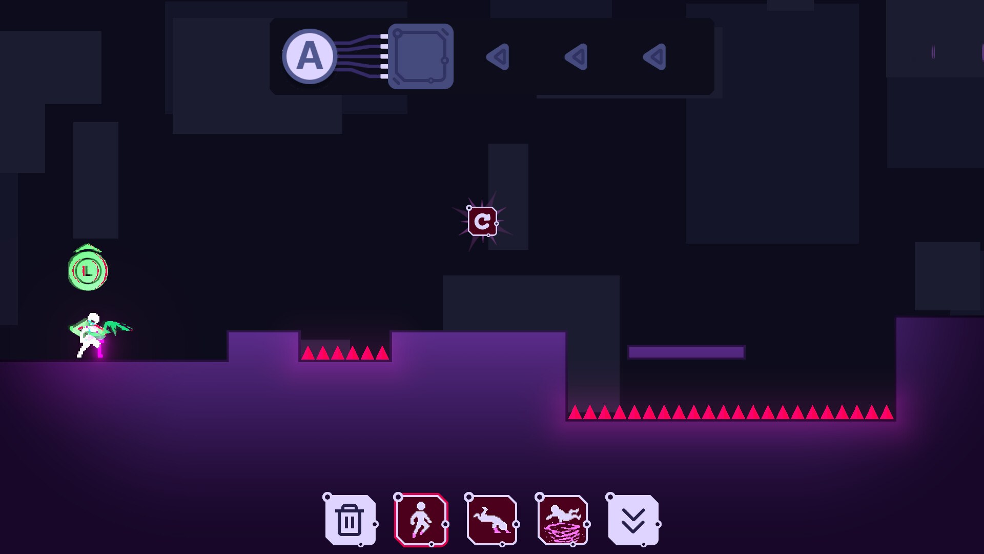 The image shows a dark-themed 2D platformer video game scene with neon purple and pink accents. On the left, a small white character with glowing green wings stands on a platform, highlighted by a green circular icon labeled 'L.' The ground is segmented with sharp, bright pink spikes in two areas, creating hazards. Above the spikes in the middle, a purple square with a white 'C' inside emits a subtle glow. At the bottom of the screen, various game icons depict a trash bin, a walking person, a jumping rabbit, a running horse, and a down arrow, suggesting player controls or actions. The overall atmosphere is minimalistic and futuristic.