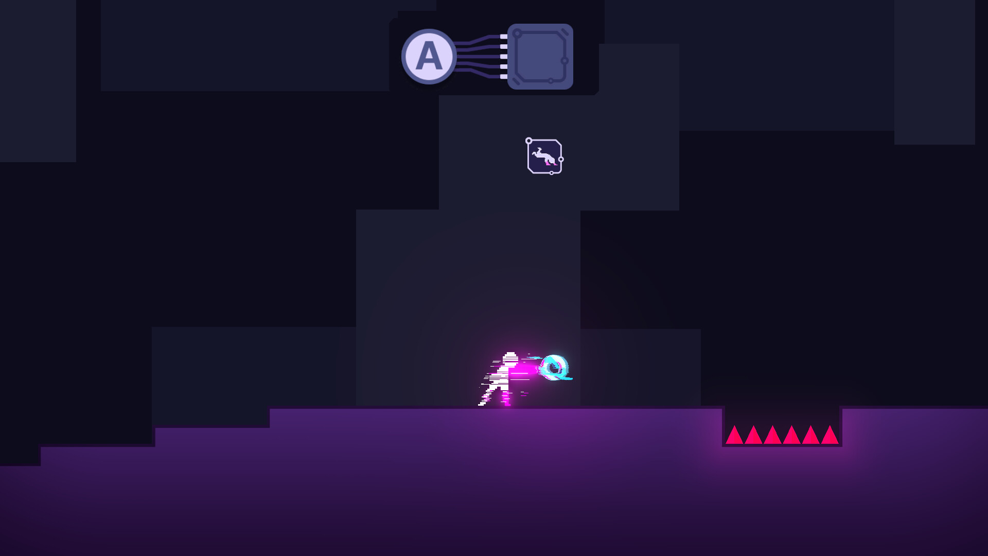 The image depicts a dark, minimalist video game scene with a pixelated character in the center emitting a bright pink energy blast from its arm towards a small, glowing blue creature. The ground is shaded in purple with a series of red triangular spikes positioned in a pit to the right of the character, indicating a hazard. The background consists of dark blocks and geometric shapes, contributing to a digital or futuristic atmosphere.