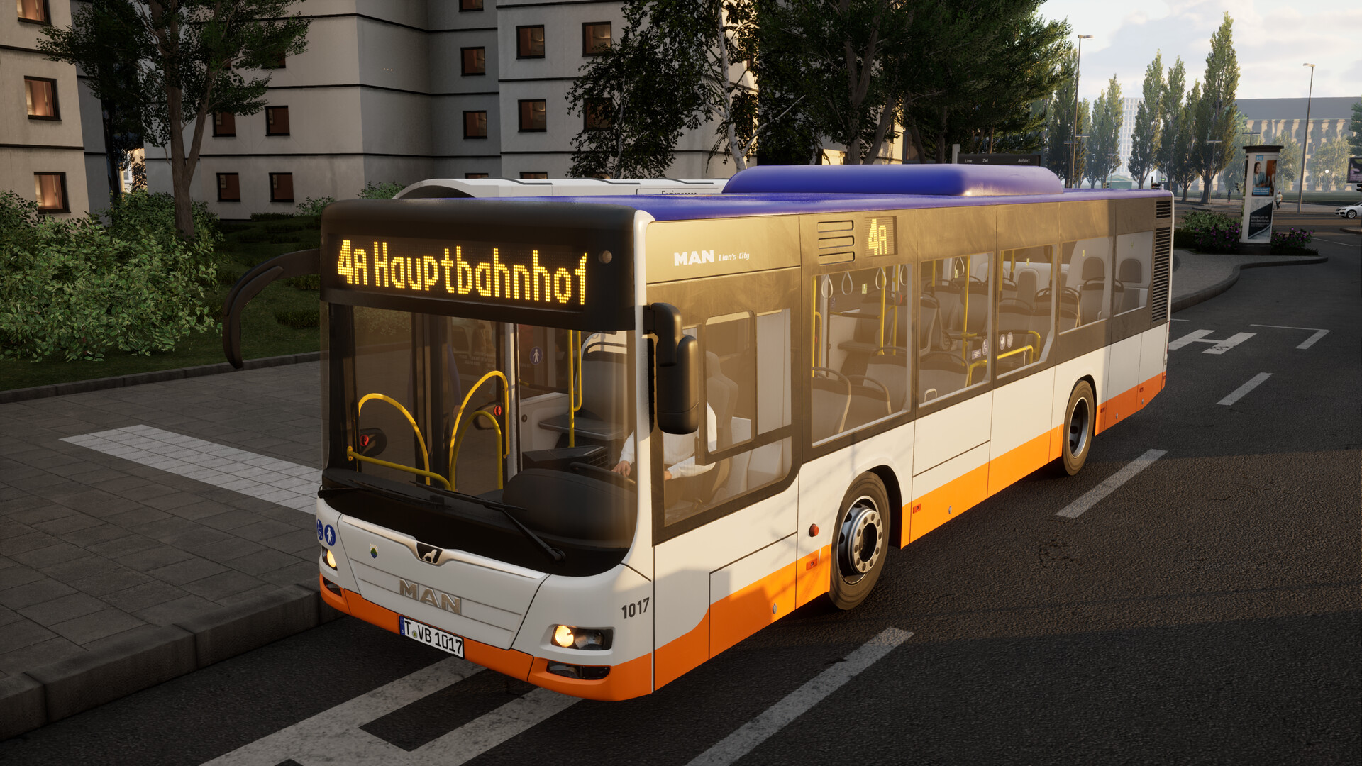 The image shows a city bus parked at a curb in an urban setting during daylight. The bus has a white body with an orange lower section and a purple roof, featuring large windows that reveal empty seats inside. The front electronic display reads "4A Hauptbahnhof," indicating its route, and the bus model is labeled as "MAN Lion's City." Surrounding the bus are paved sidewalks, some greenery, and multi-story residential buildings with several windows, suggesting a quiet city neighborhood.