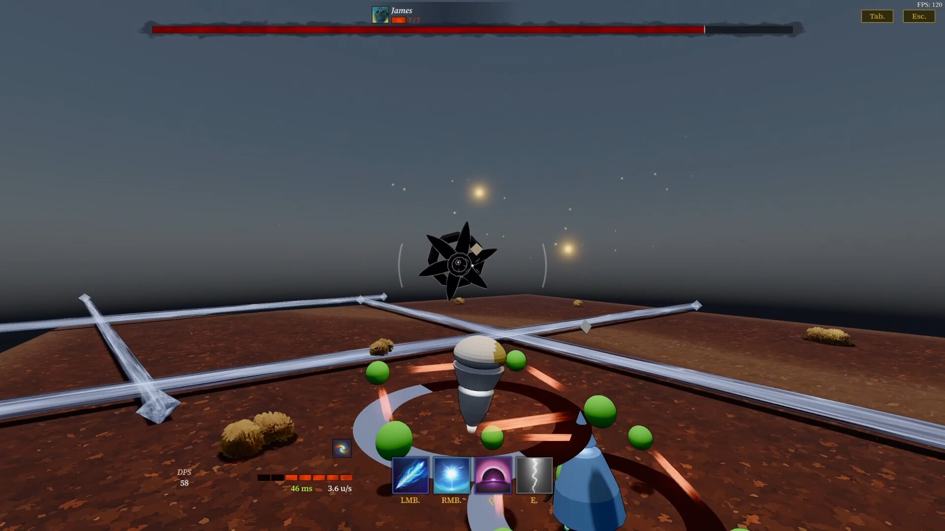 The image shows a first-person view from a video game where the player is engaged in a battle or challenge. In the center foreground, there is a conical, gray, spinning object surrounded by floating green spheres and a blue figure wearing a cape. Directly ahead, a black, star-shaped enemy or object hovers above a brown, flat surface with a few small bushes and intersecting metallic rails. At the top of the screen, a red health bar labeled "James" is nearly depleted, indicating the enemy's health status. Various game interface elements, including ability icons and performance metrics, are displayed along the bottom and corners of the screen.