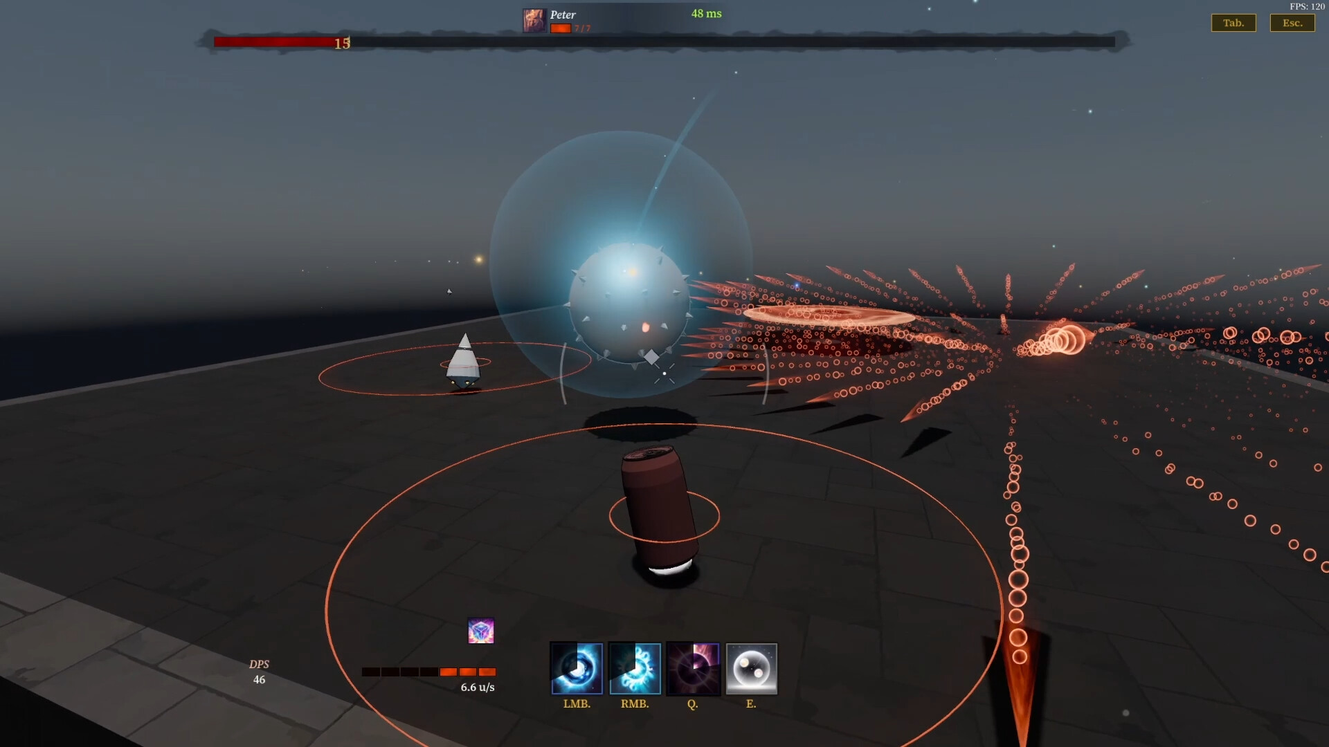 The image depicts a video game scene set on a flat, open platform against a dim, gradient sky at dusk or dawn. In the center, there is a cylindrical character or object surrounded by a glowing red circular boundary, with other small geometric shapes, such as a cone and a spiked sphere enclosed in a translucent blue shield, positioned further away. Multiple lines of glowing orange circular projectiles spread outward in various directions across the platform, indicating an active combat or bullet-hell scenario. The game interface displays abilities at the bottom center of the screen, a health bar labeled "Peter" near the top, and performance indicators like FPS and latency in the corners.