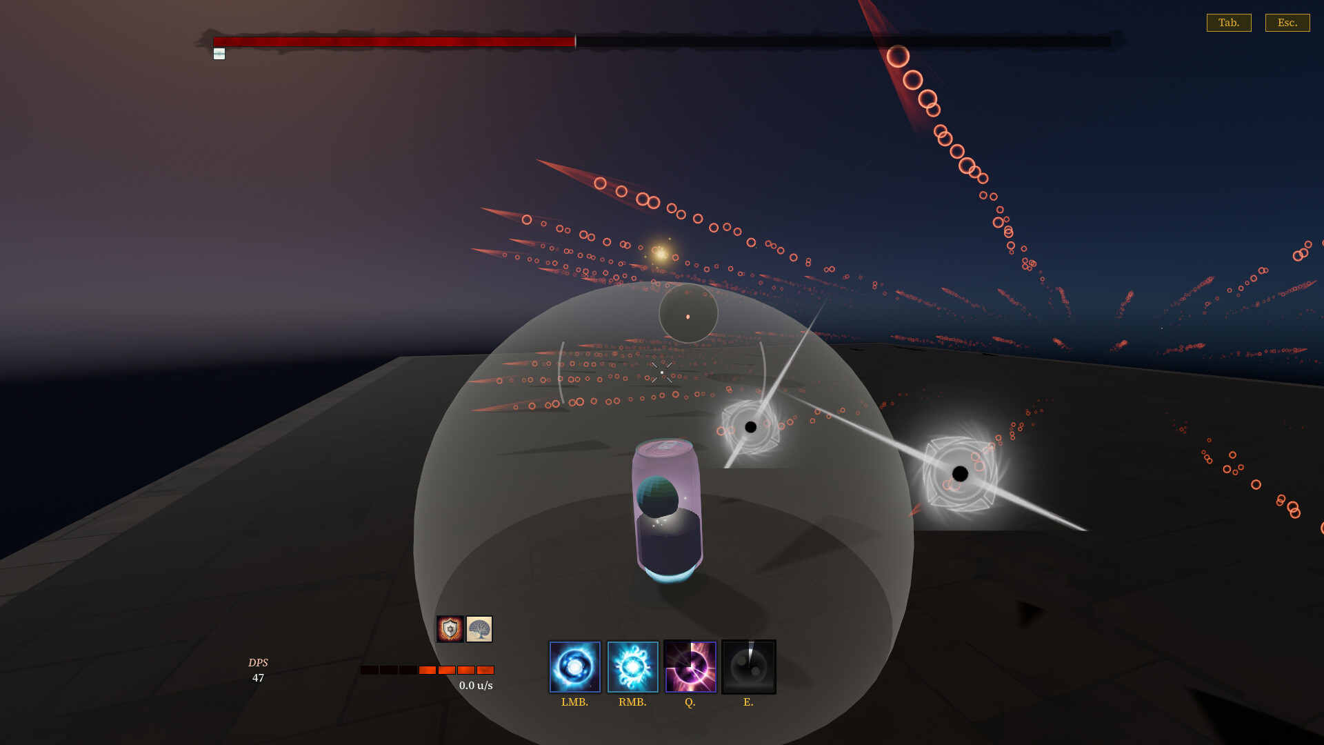 The image depicts a futuristic game interface set against a dark, twilight sky. At the center, a translucent protective sphere encases a small, cylindrical character with a glowing orb inside it. Numerous red-orange circular projectiles streak across the scene in intricate patterns, emanating from two glowing, black vortex-like enemies positioned just outside the sphere. The bottom of the screen displays a user interface with four ability icons labeled "LMB," "RMB," "Q," and "E," indicating different player actions, alongside stats showing "DPS 47" and a speed of "0.0 u/s." The top of the screen features a health bar, partially depleted, and two small buttons labeled "Tab." and "Esc."