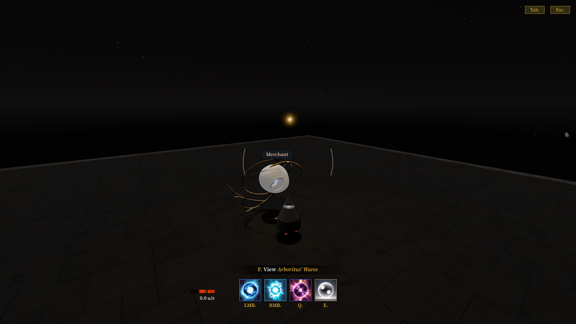The image shows a dark, open platform at night with a mostly black sky dotted by faint stars. At the center of the platform, there is a small, conical black figure facing a spherical white entity labeled "Merchant," which has several thin, curved branches or tendrils extending from it. A glowing yellow orb hovers in the distance above the platform. At the bottom of the screen, there is a user interface displaying various icons and commands, including options labeled LMB, RMB, Q, and E, and a prompt to press "F" to view the merchant's wares. The overall scene has a minimalistic, mystical atmosphere.