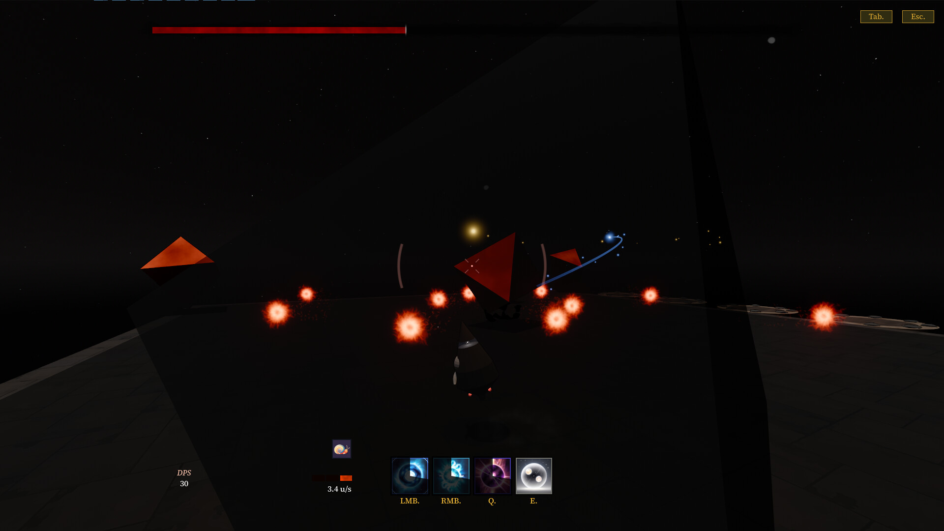 The image shows a dark, space-like environment with scattered glowing red orbs forming a loose arc across the scene. In the center, there is a humanoid figure with a conical shape facing two red pyramid-shaped objects. One pyramid is larger and appears closer to the figure, while the other is smaller and positioned farther back. Above the figure is a faint yellow orb emitting light. The bottom of the image displays a user interface with ability icons labeled "LMB," "RMB," "Q," and "E," along with numerical stats such as DPS and a progress bar. The top right corner shows small buttons labeled "Tab." and "Esc." The overall atmosphere is dark and mysterious, reminiscent of a futuristic or abstract video game setting.
