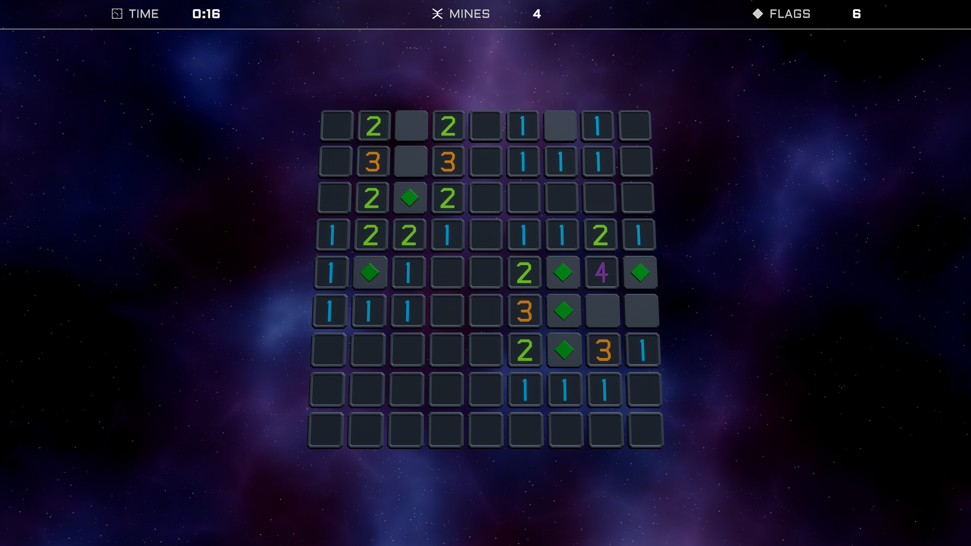 The image shows a Minesweeper game grid set against a dark space-themed background with purple and blue nebulae. Several squares are revealed, displaying numbers in different colors (green, blue, orange, and purple) indicating how many mines are adjacent to each tile. Some squares are marked with green diamond-shaped flags, signaling suspected mines. At the top of the screen, a timer reads 0:16, with indicators showing 4 mines remaining and 6 flags placed. Many squares remain covered, awaiting the player's next move.